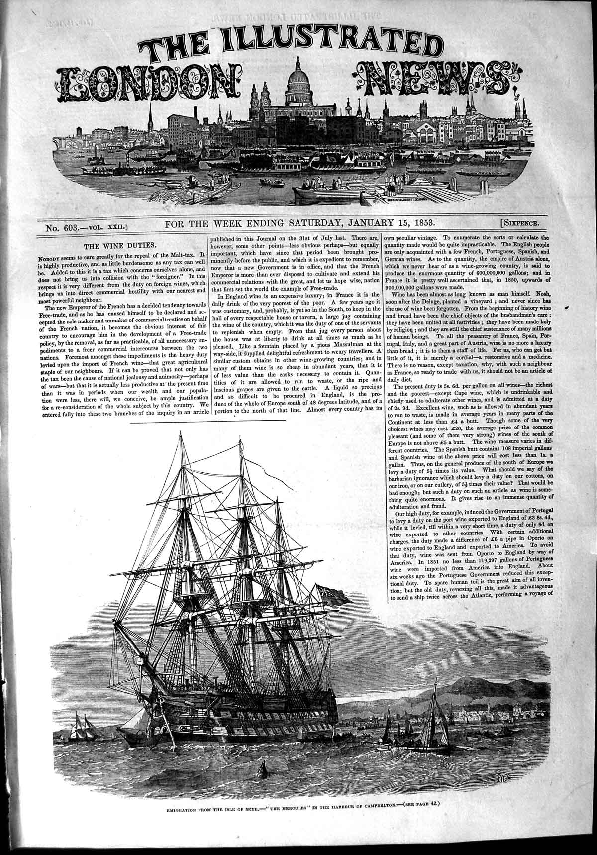 Original Old Antique Print 1853 Emigration Isle Skye Hercules Harbour Cam 19th