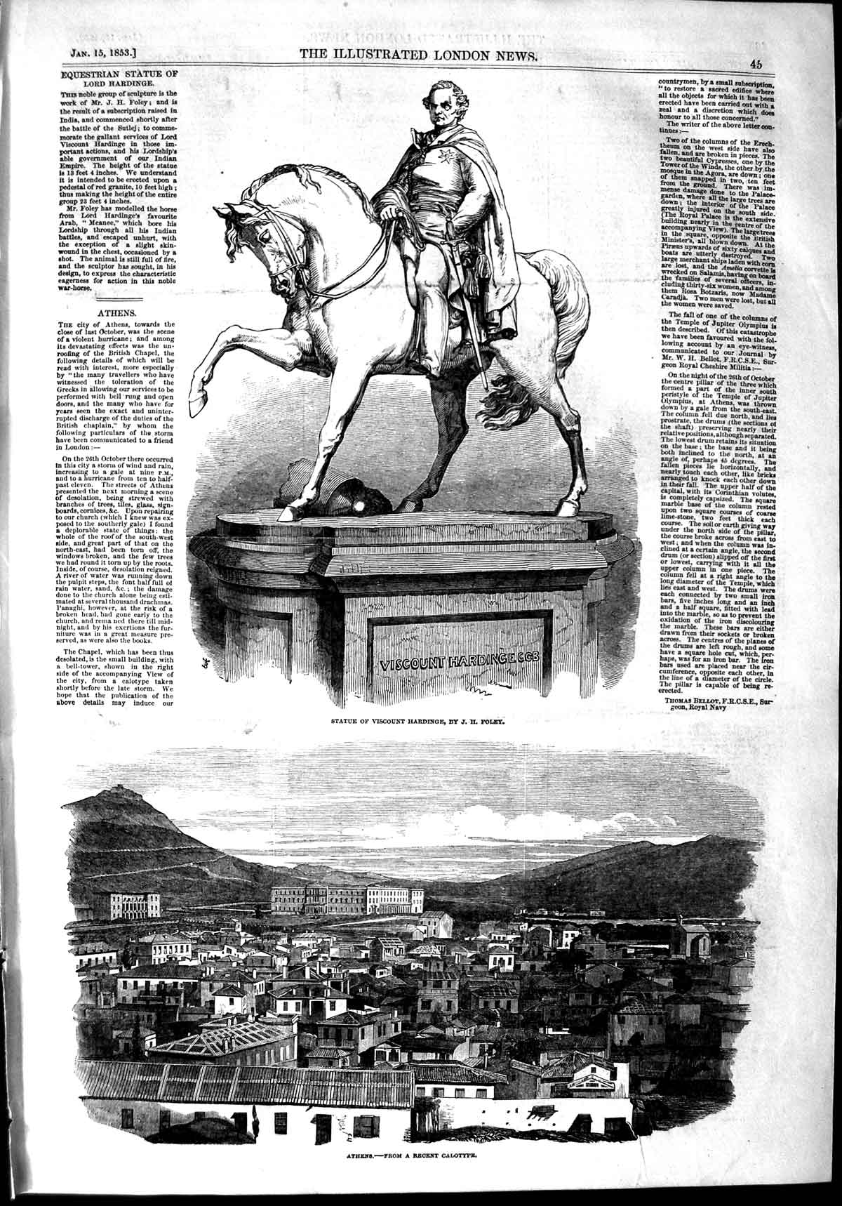Old Antique Print 1853 Statue Viscount Hardinge Foley View Athens Italy 19th