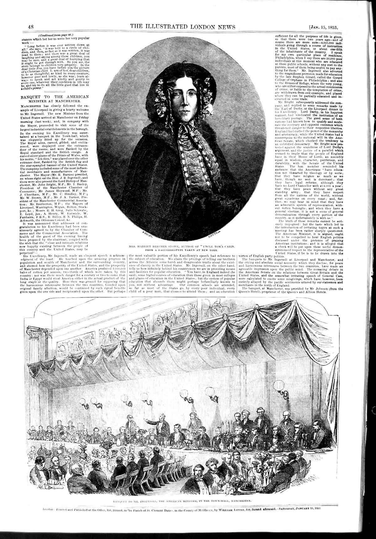 Old Antique Print 1853 Harriet Beecher Stowe Banquet Ingersoll Manchester 19th