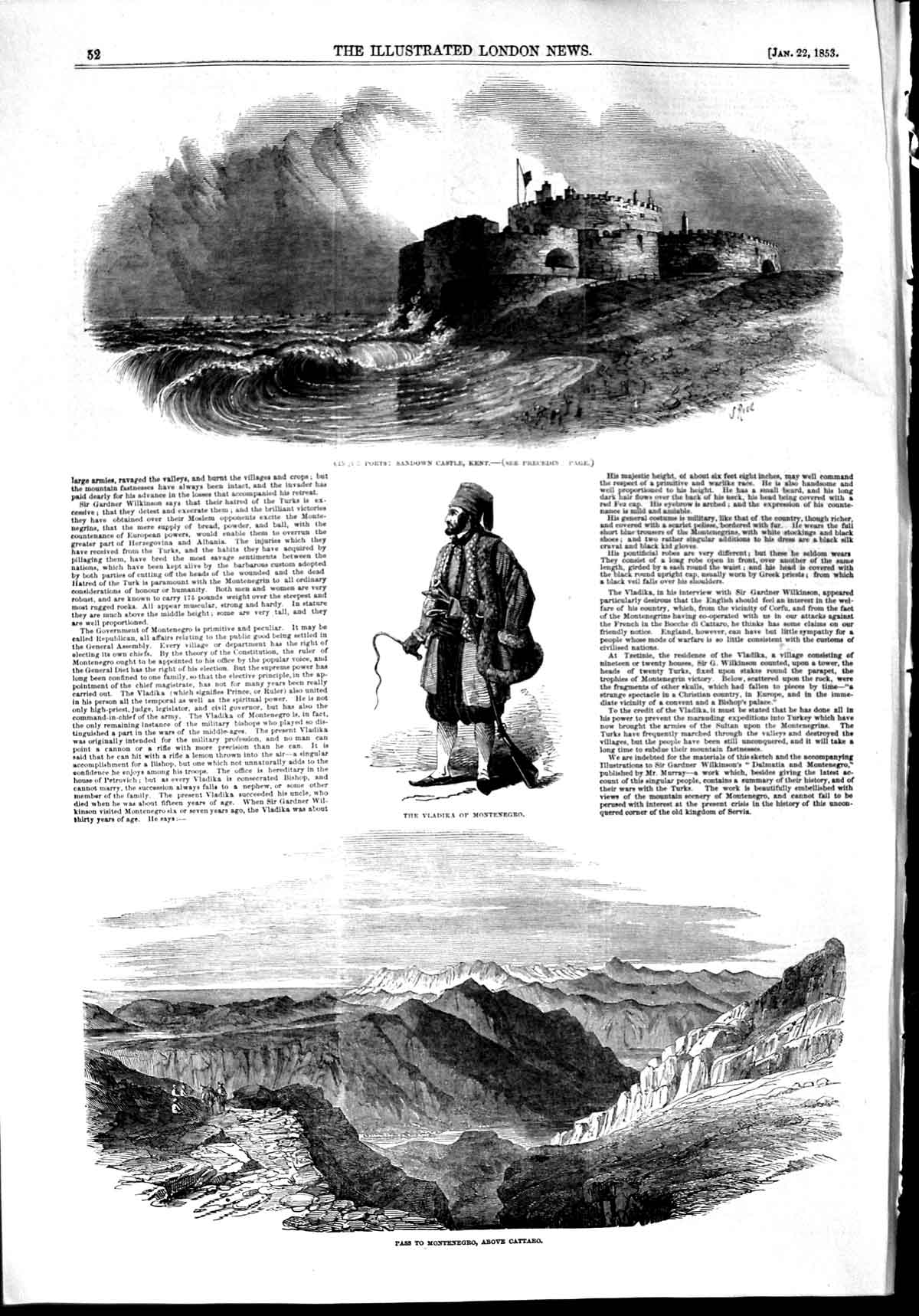 Original Old Antique Print 1853 Sandown Castle Kent Vladika Montenegro Cattaro