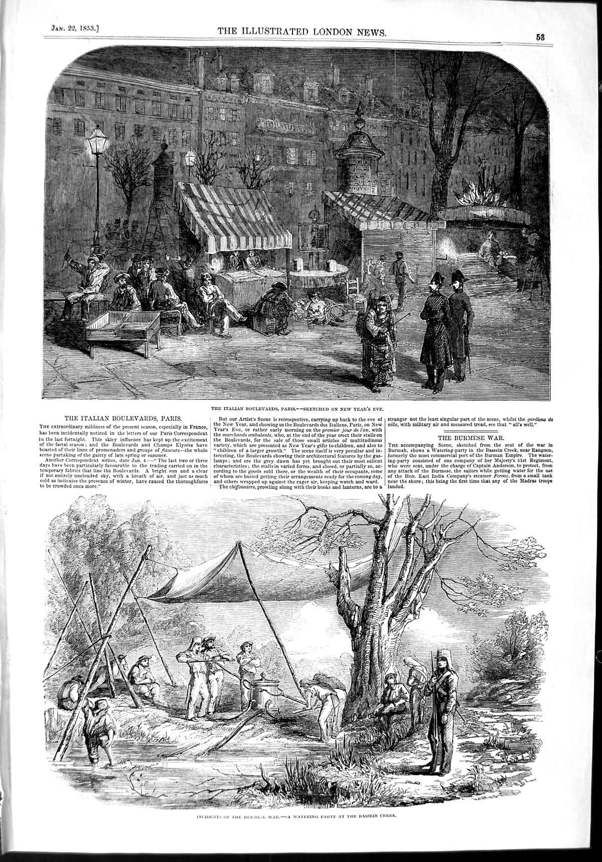 Old Antique Print 1853 Italian Boulevards Paris Burmese War Bassein Creek 19th