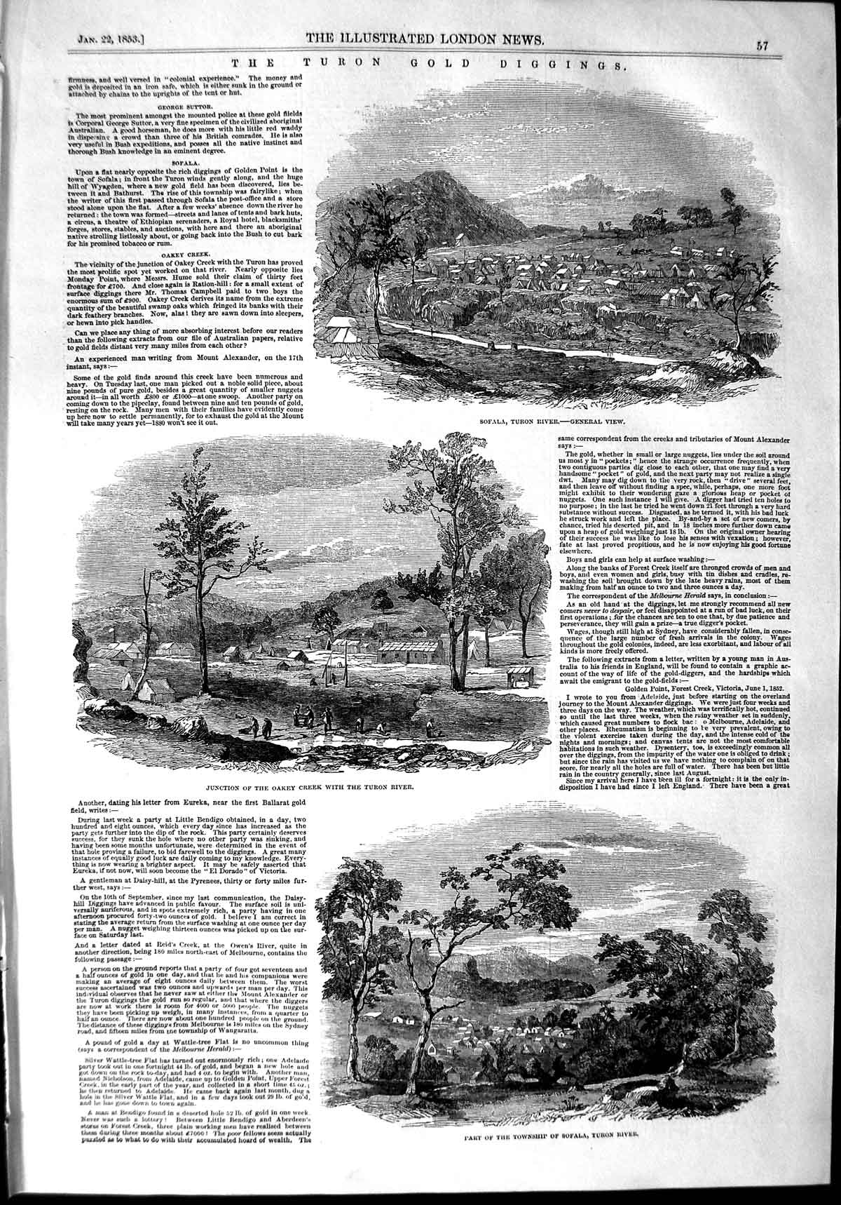 Original Old Antique Print 1853 Turon GDiggings Oakey Creek Sofala Victorian