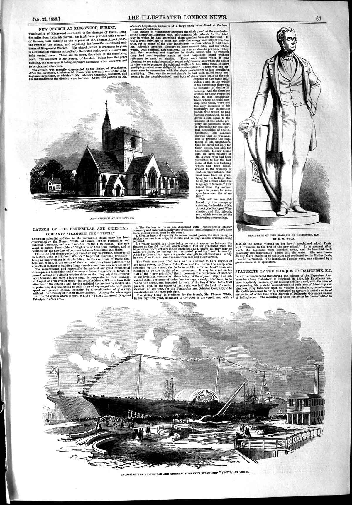 Original Old Antique Print 1853 Marquis Dalhousie Church Kingswood Vectis Cowes