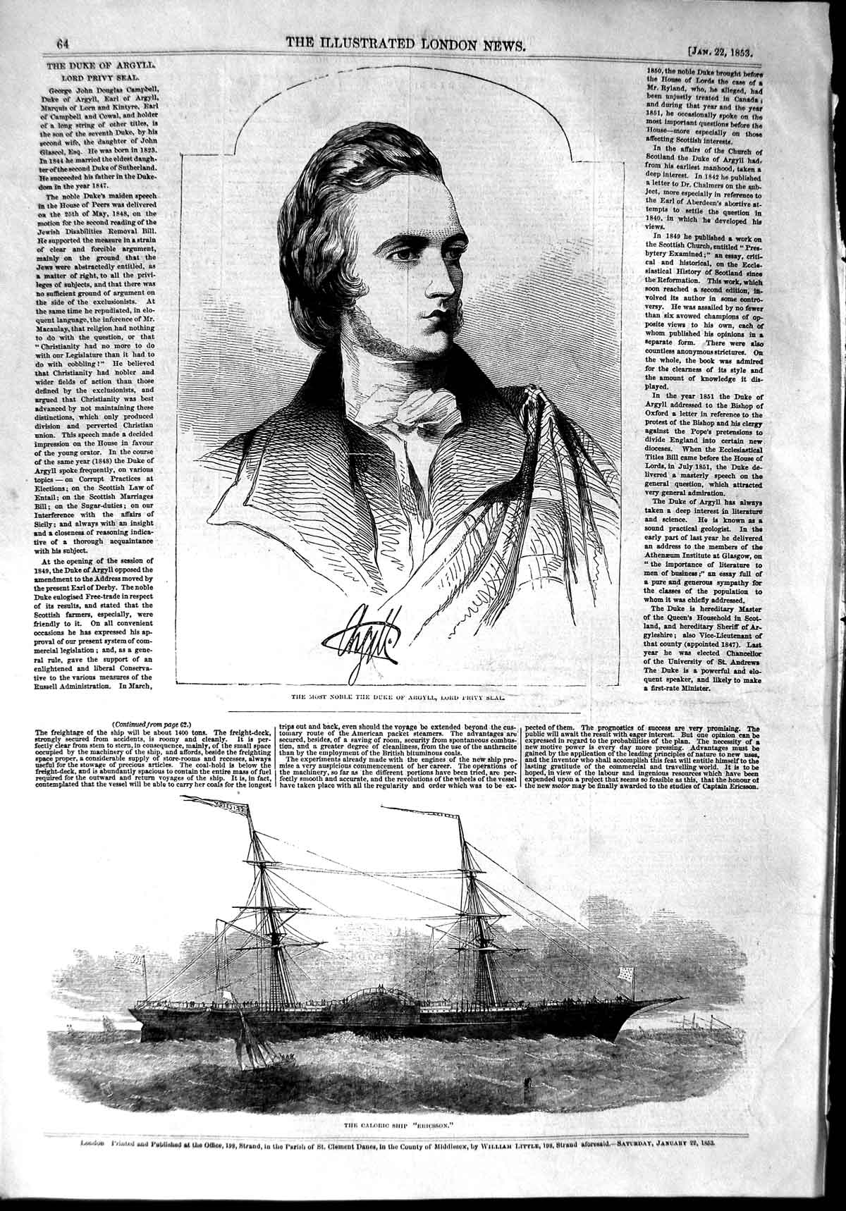 Old Antique Print 1853 Duke Argyll Lord Privy Seal Caloric Ship Ericsson 19th