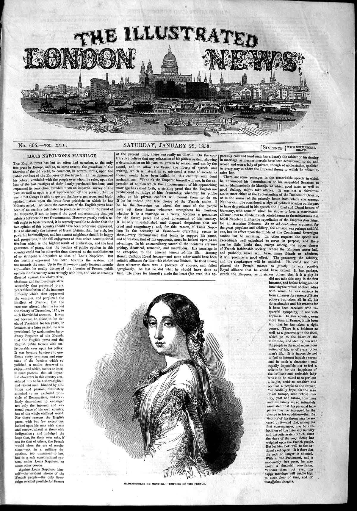 Original Old Antique Print 1853 Portrait Empress French Mademoiselle De Montijo