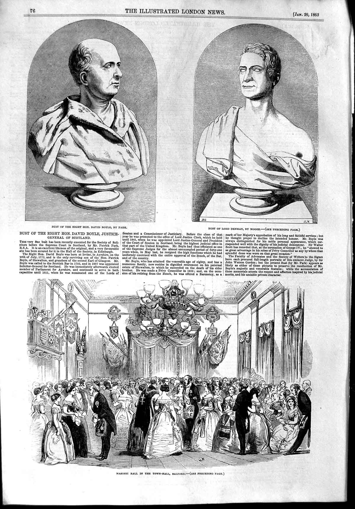 Old Antique Print 1853 Bust David Boyle Lord Denman Masonic Ball Salford 19th