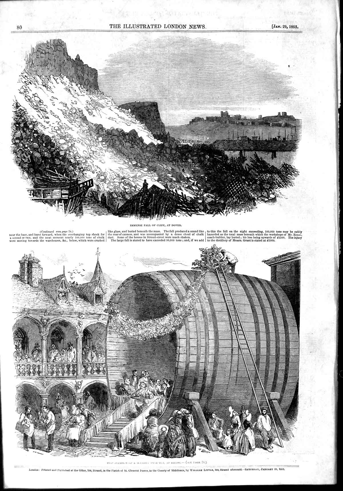 Original Old Antique Print 1853 Fall Cliff Dover Monster Wine Tun Dieppe 19th