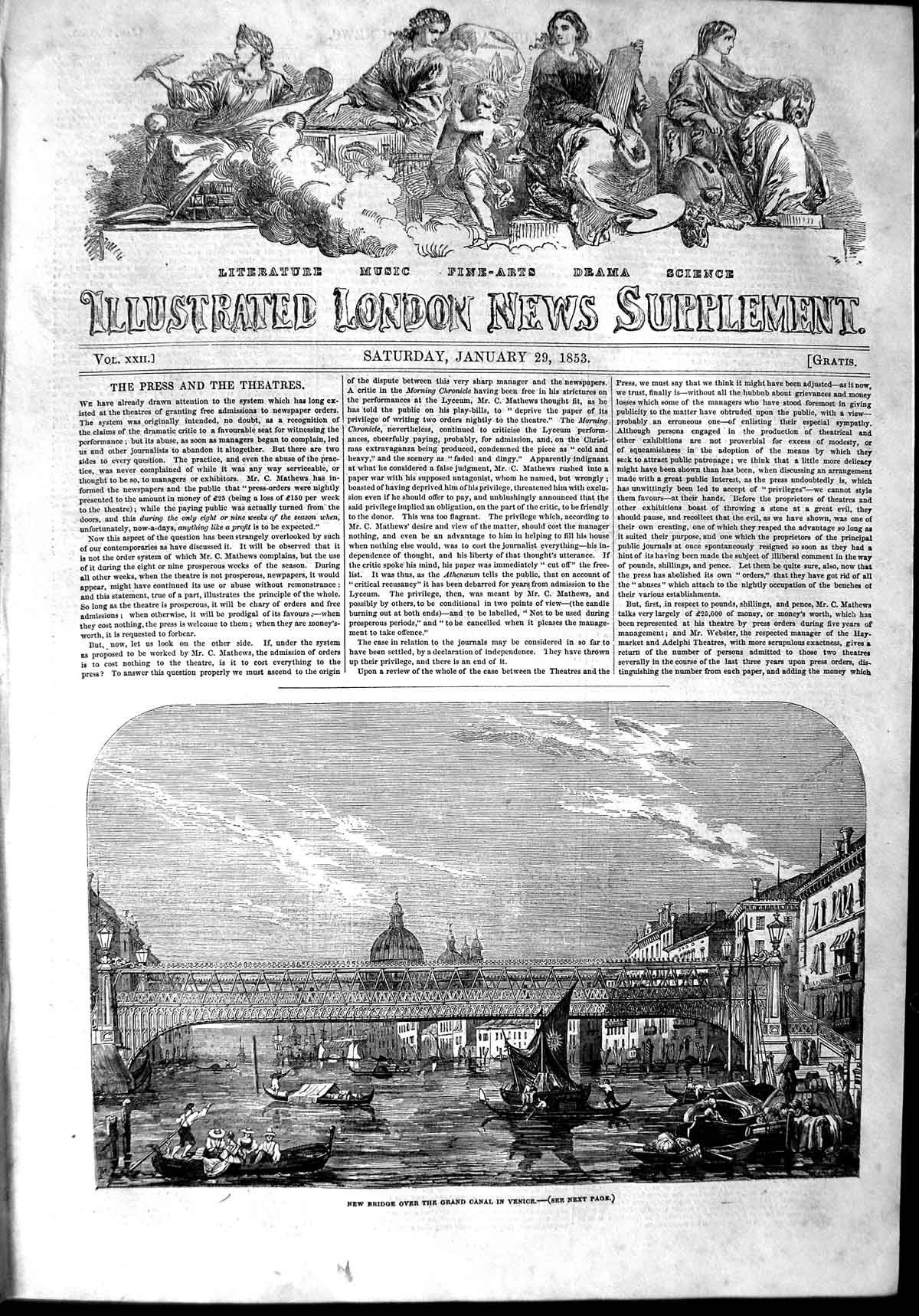 Original Old Antique Print 1853 Bridge Grand Canal Venice Italy Boats Houses