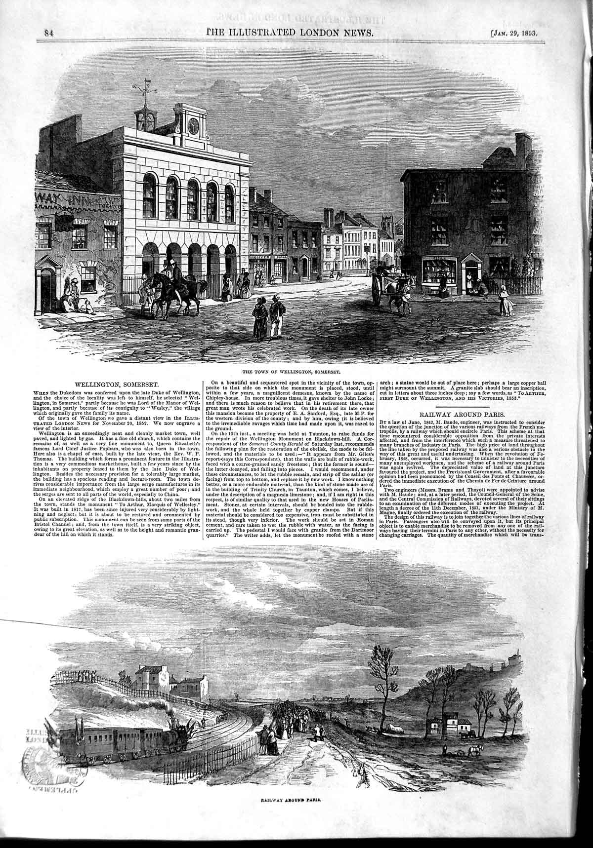 Original Old Antique Print 1853 Town Wellington Somerset Railway Paris Train