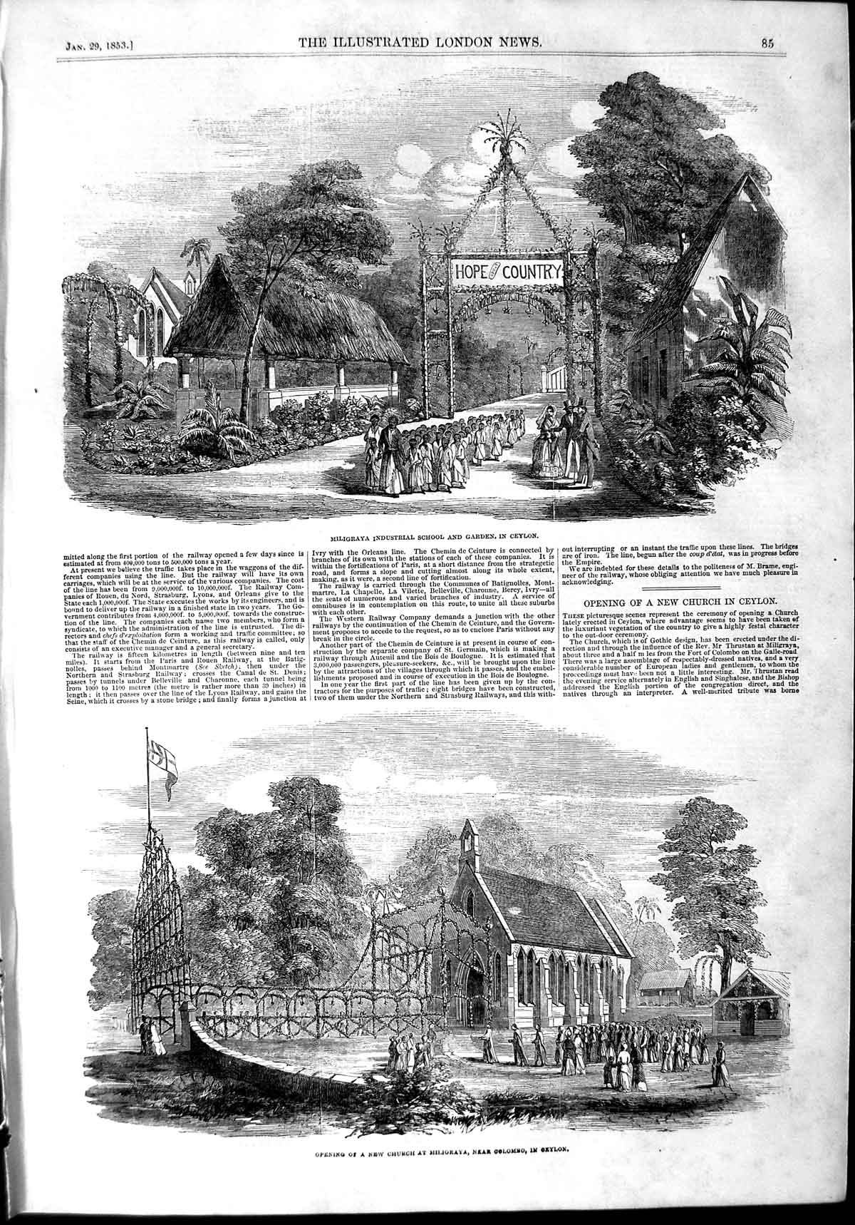 Old Antique Print 1853 Miligraya Industrial School Ceylon Church Colombo 19th
