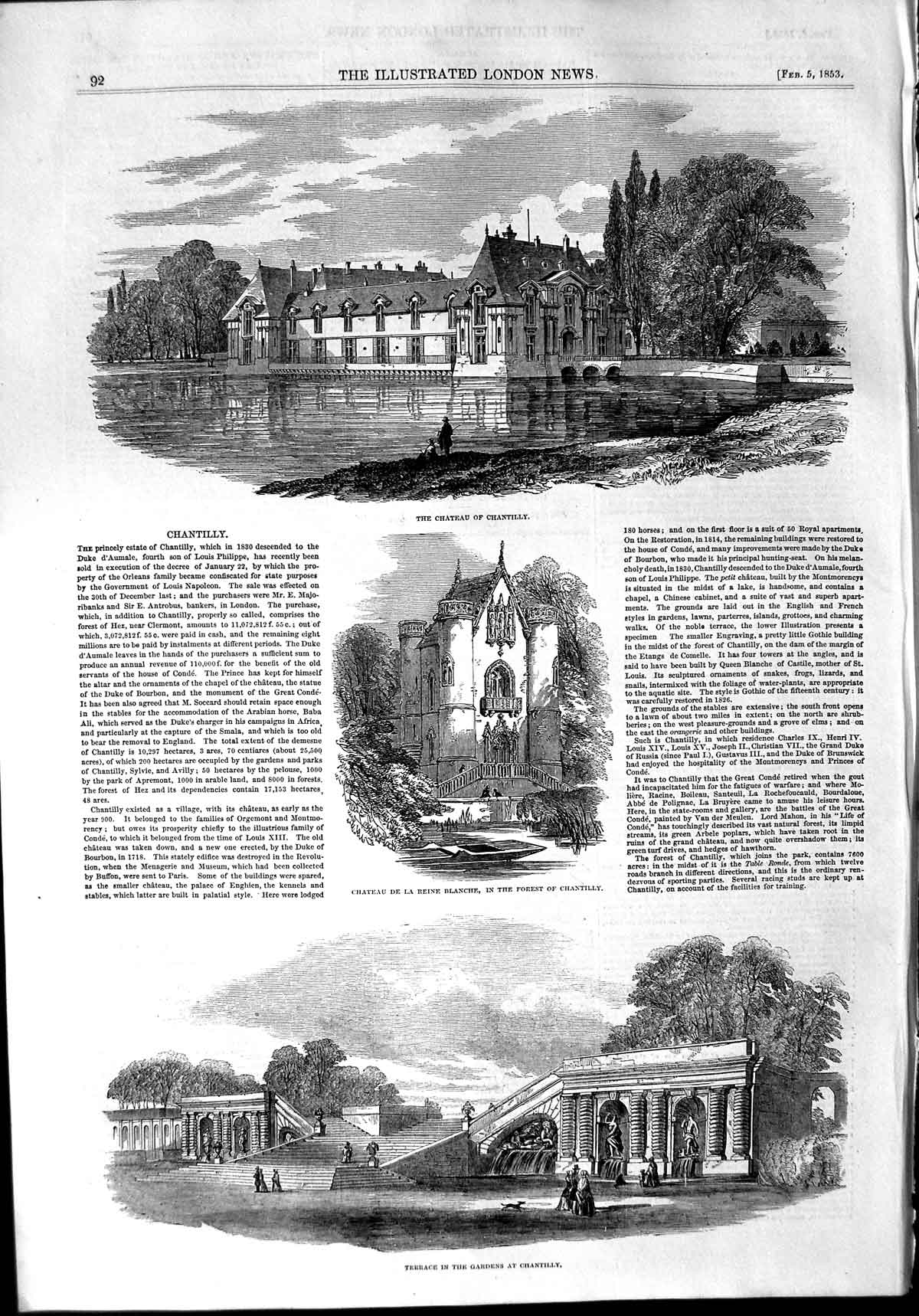 Original Old Antique Print 1853 Chateau Chantilly De La Reine Blanche Gardens