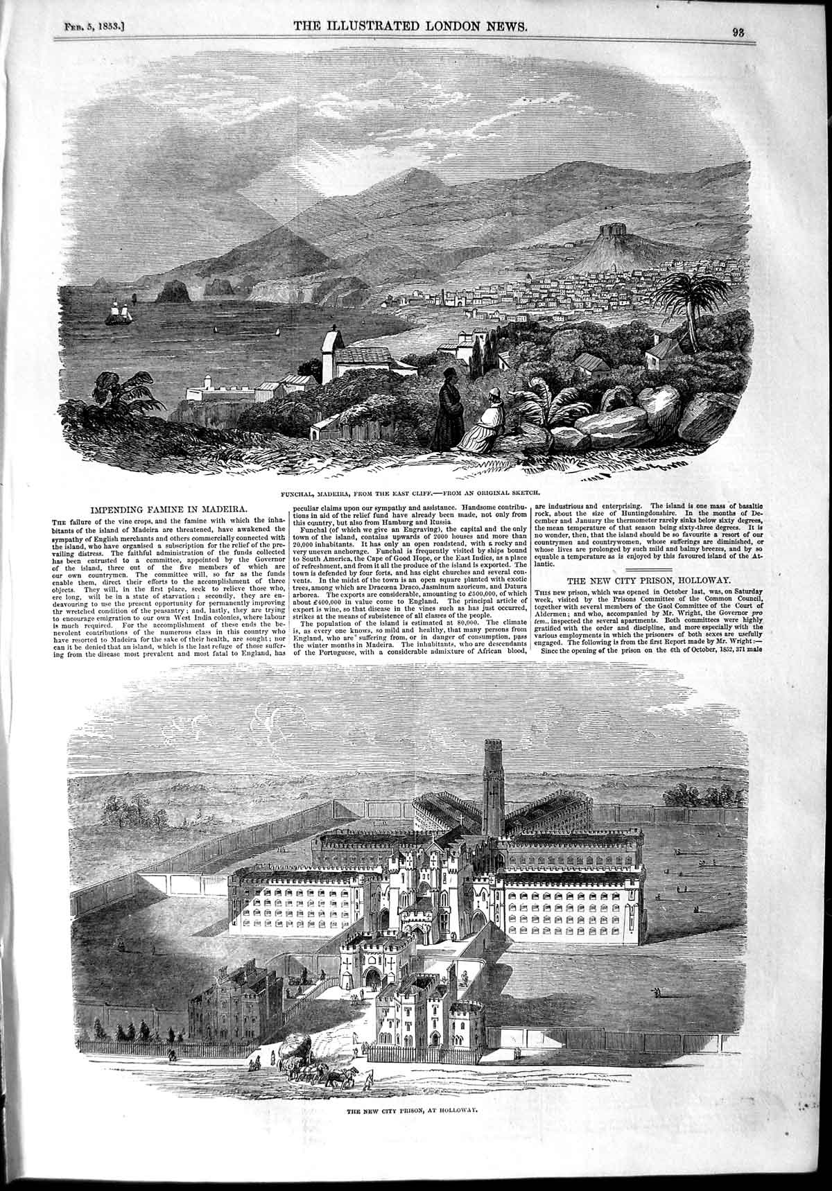 Old Antique Print 1853 Funchal Madeira View City Prison Holloway England 19th