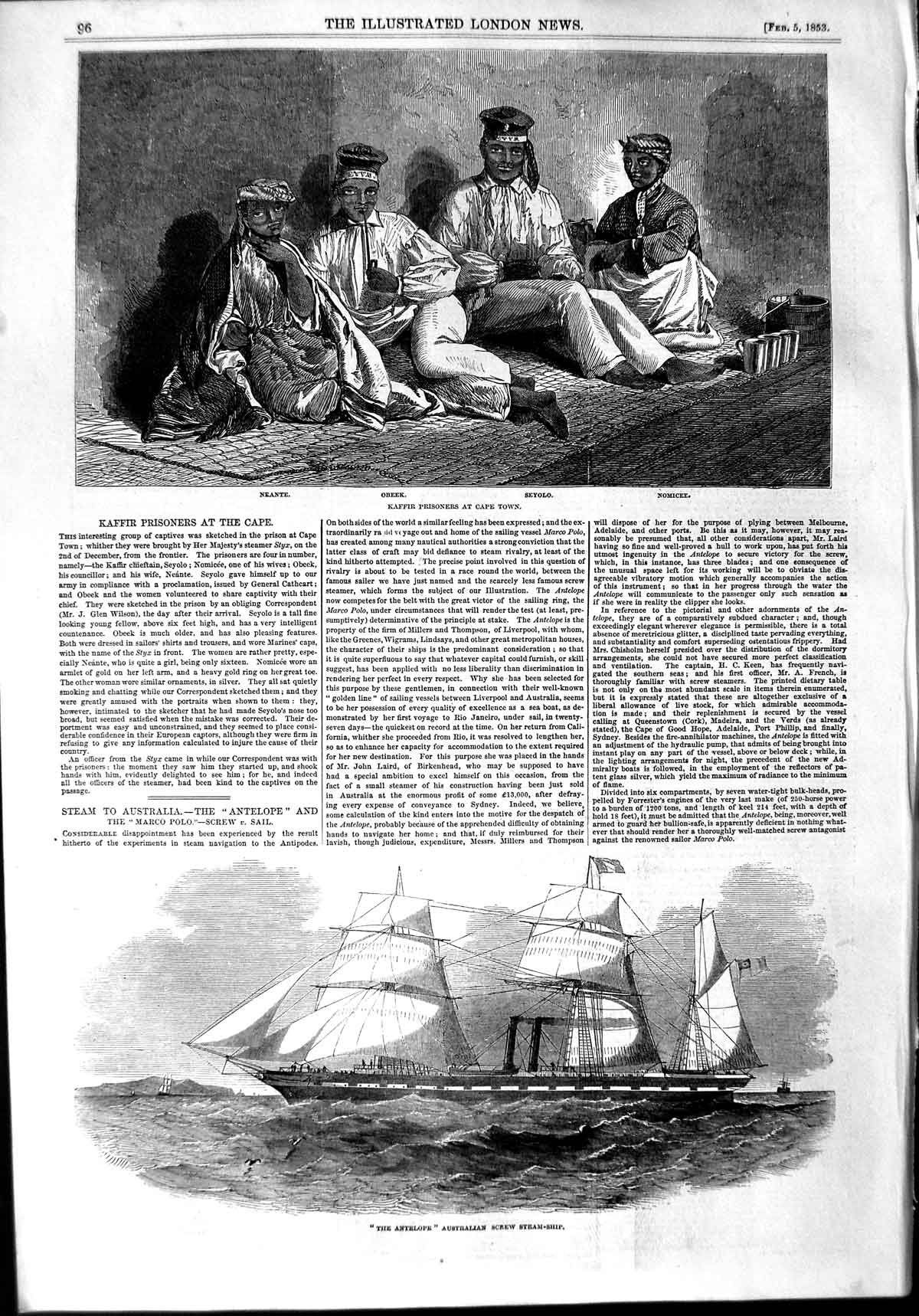 Original Old Antique Print 1853 Kaffir Prisoners Obeek Cape Town Ship Antelope