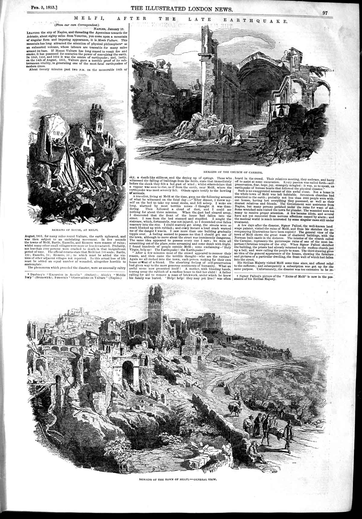 Original Old Antique Print 1853 Town Melfi Remains Church Carmine Ear Victorian
