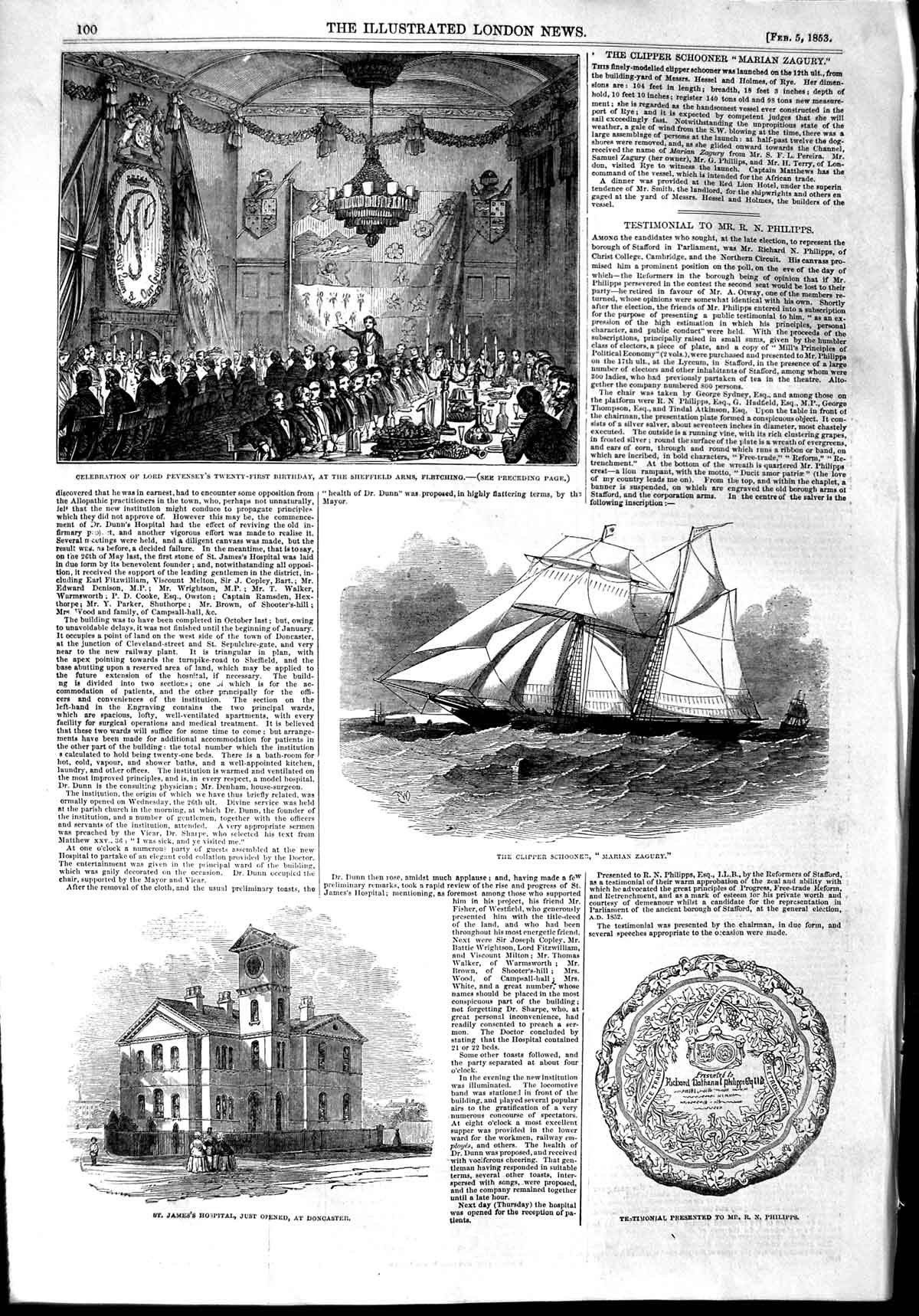 Old Antique Print 1853 Clipper Ship Marian Zagury Lord Pevensey Hospital 19th