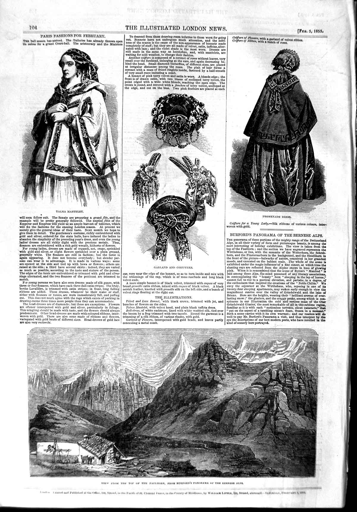 Original Old Antique Print 1853 Faulhorn Bernese Alps Mountains Paris Fashion