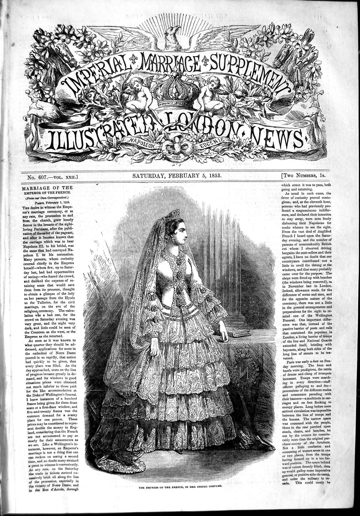 Original Old Antique Print 1853 Portrait Empress French Bridal Costume Dress