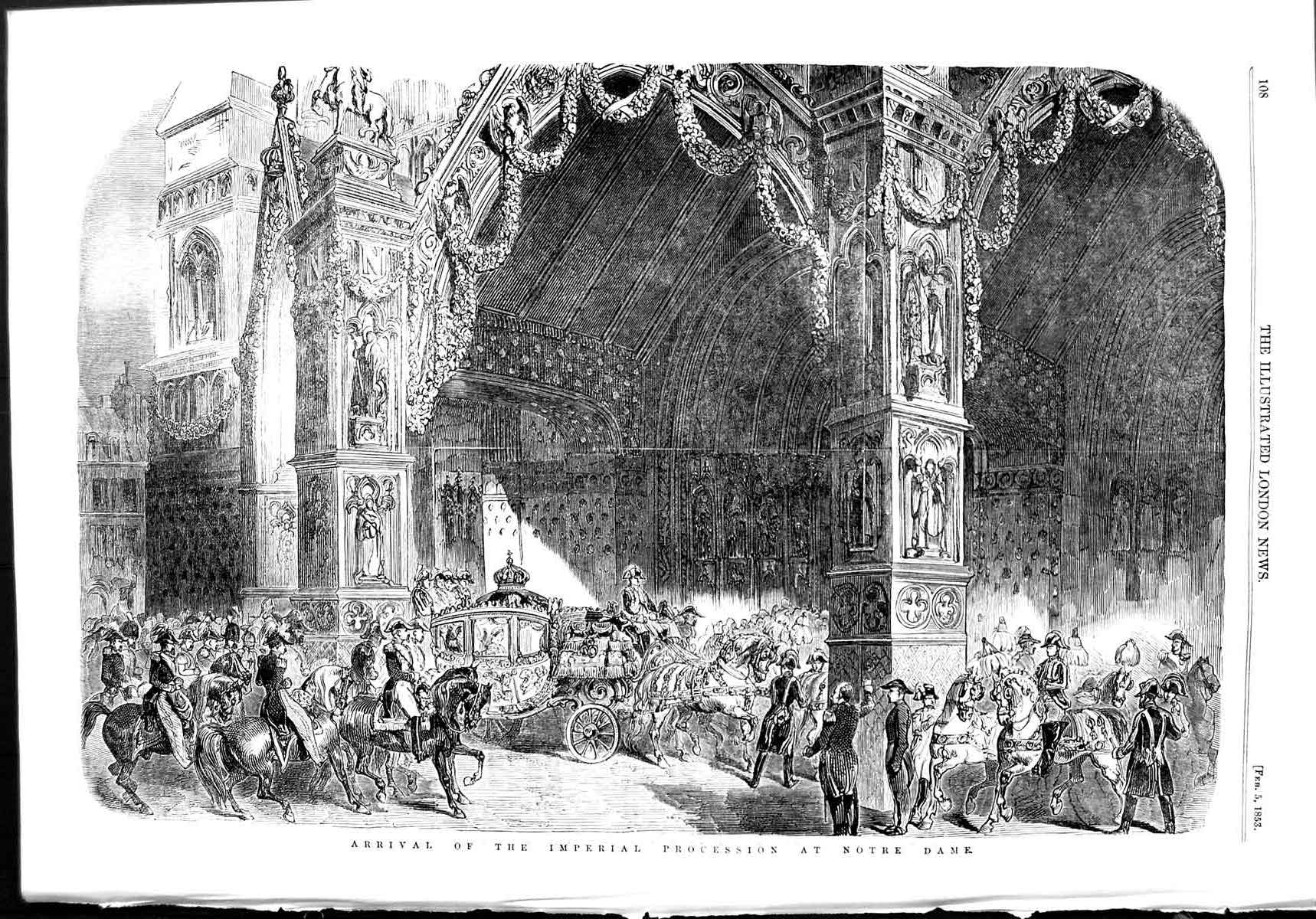 Original Old Antique Print 1853 Imperial Procession Notre Dame Wedding France