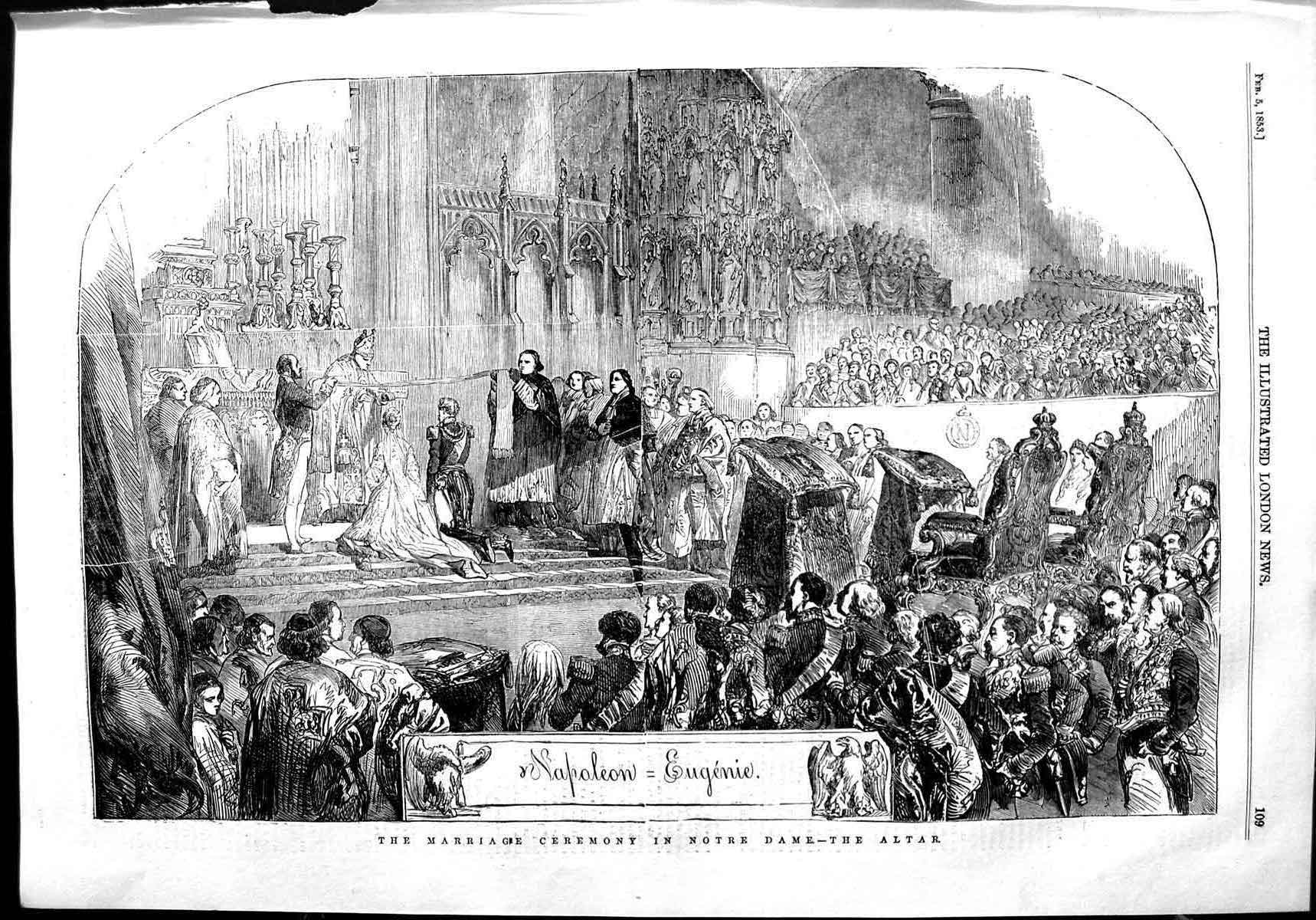 Original Old Antique Print 1853 Scene Marriage Ceremony Notre Dame Altar France