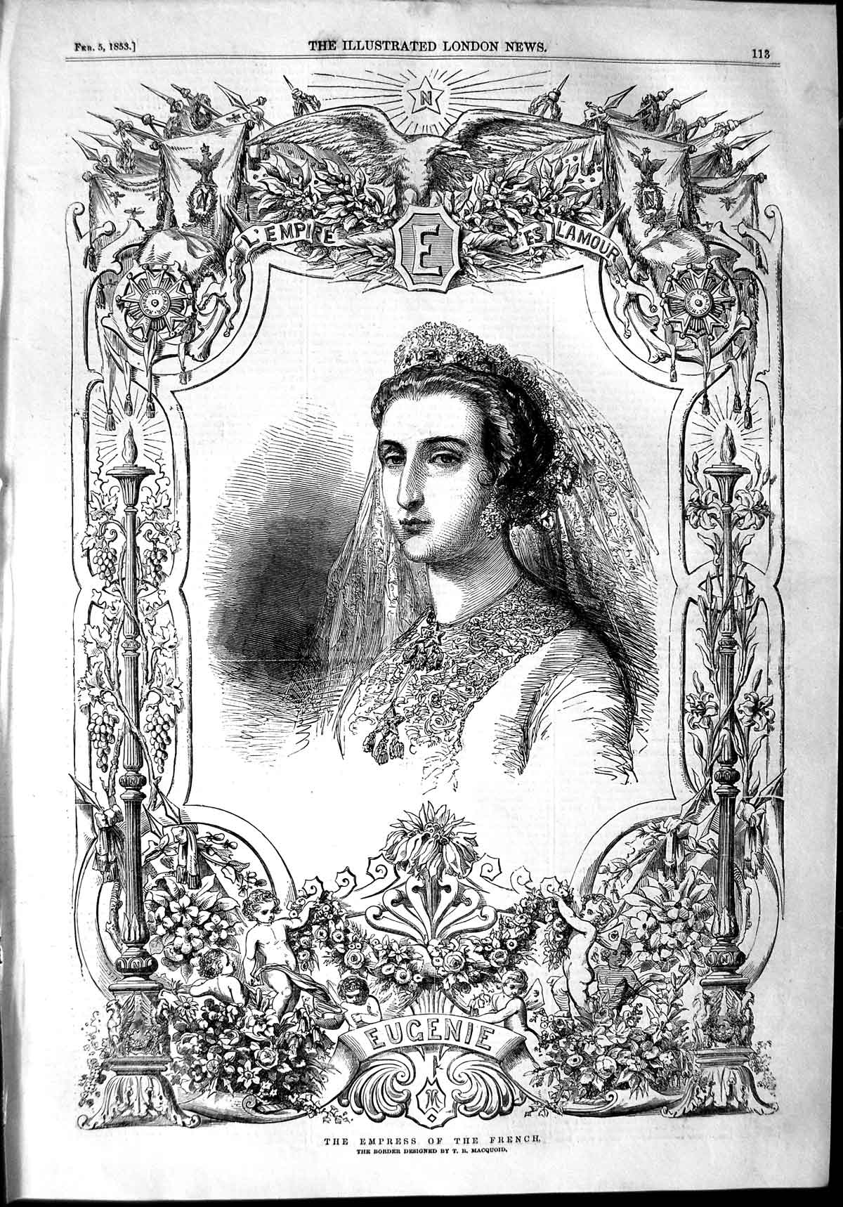Original Old Antique Print 1853 Portrait Empress French Eugenie Napoleon 19th