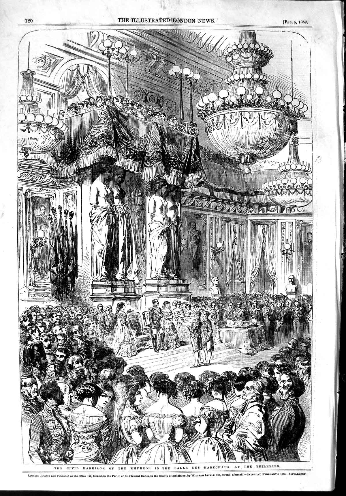 Old Antique Print 1853 Civil Marriage Emperor Salle Marechaux Tuileries 19th