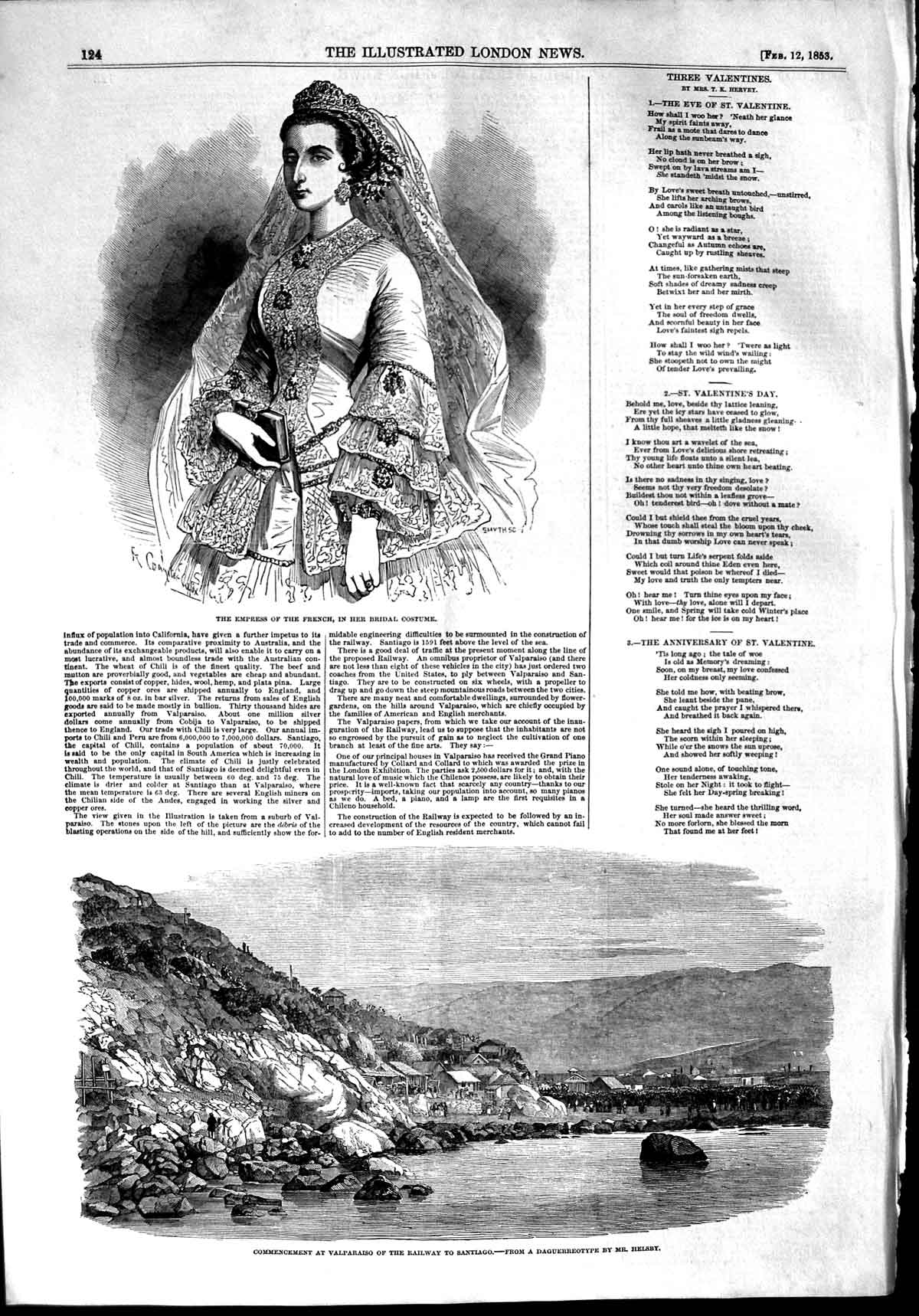 Old Antique Print 1853 Empress French Bridal Costume Valparaiso Railway 19th