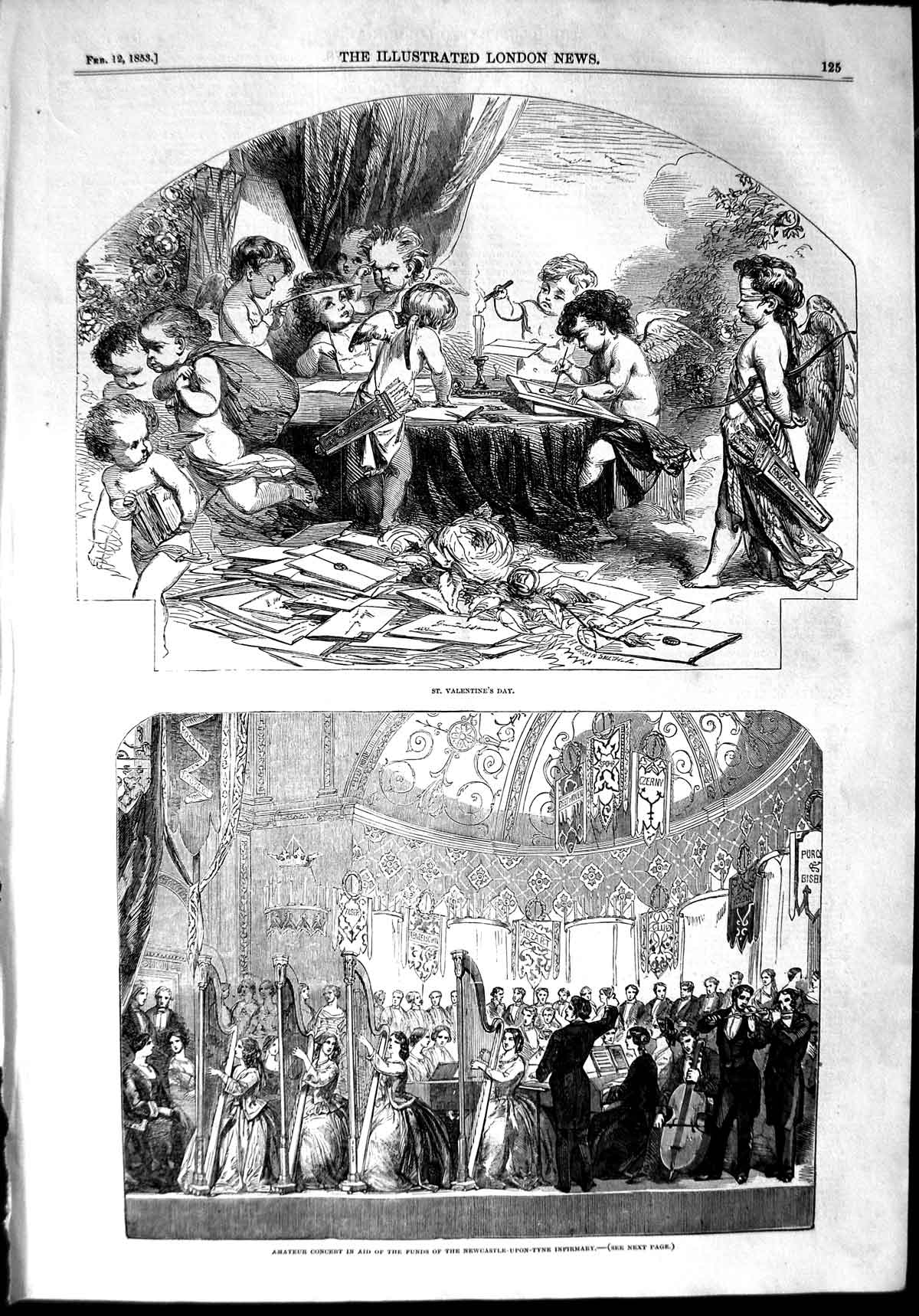 Original Old Antique Print 1853 Amateur Concert Newcastle-Upon-Tyne In Victorian