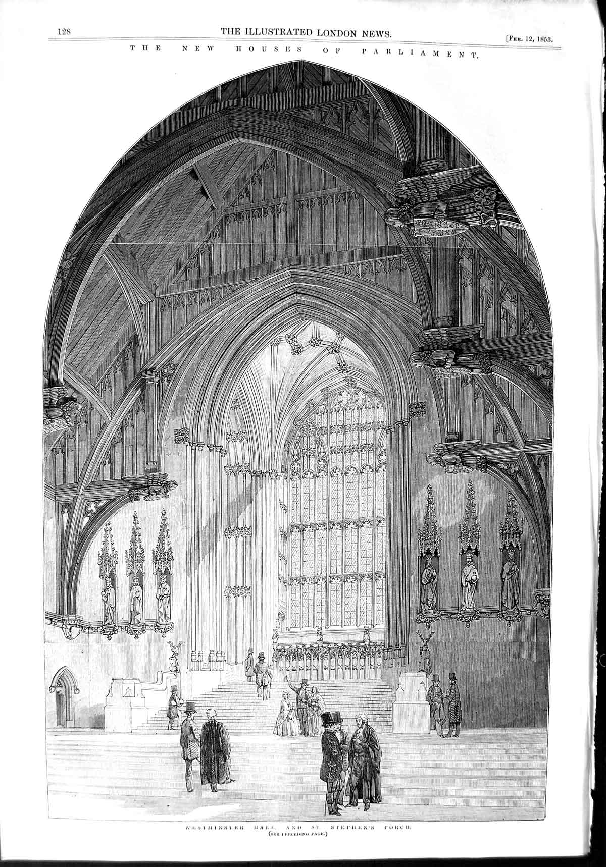 Old Antique Print 1853 Houses Parliament Westminster Hall Stephen'S Porch 19th