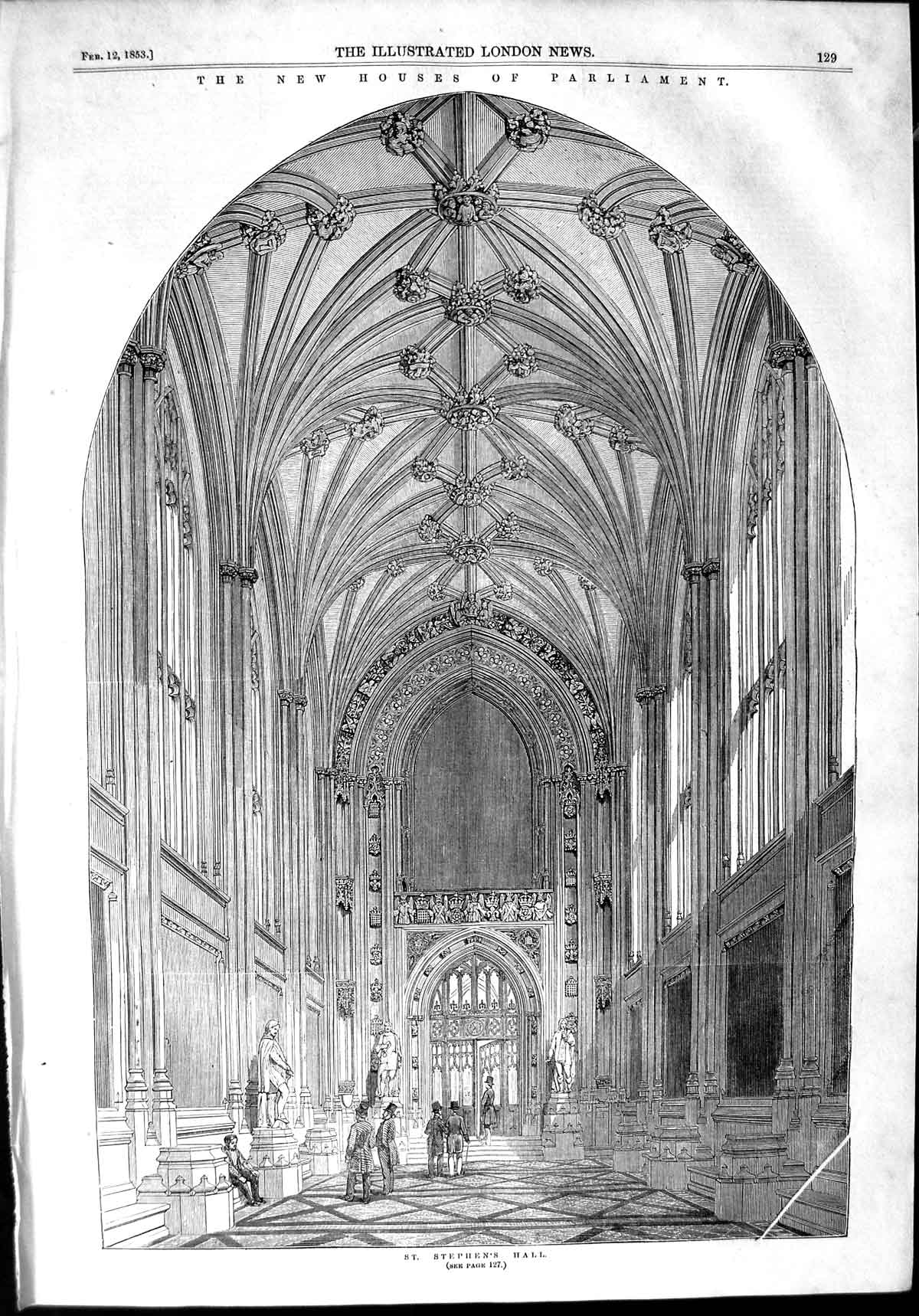 Old Antique Print 1853 Houses Parliament St. Stephen'S Hall Architecture 19th