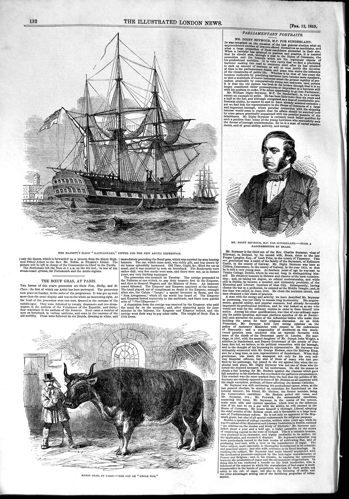 Old Antique Print 1853 Queen Sloop Ship Rattlesnake Seymour Ox Uncle Tom 19th
