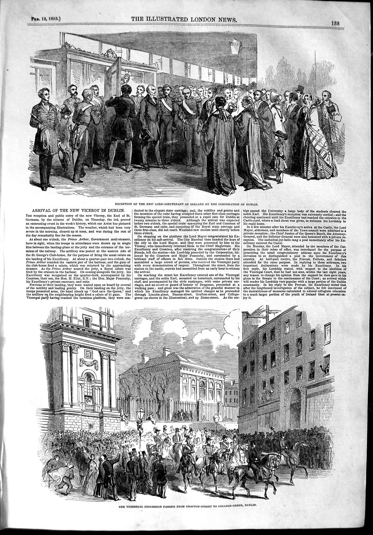 Original Old Antique Print 1853 Lord Lieutenant Ireland Dublin Grafton-Street