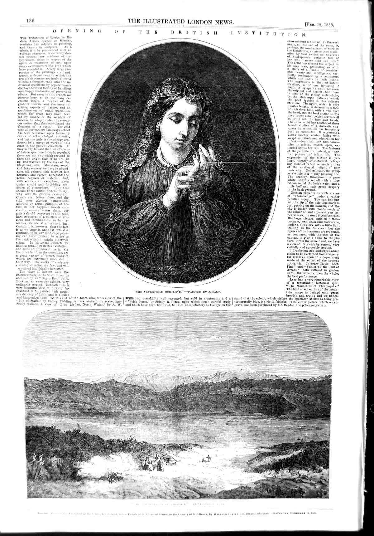 Original Old Antique Print 1853 Mountains Thermopyle Lear Lady Portrait Sant