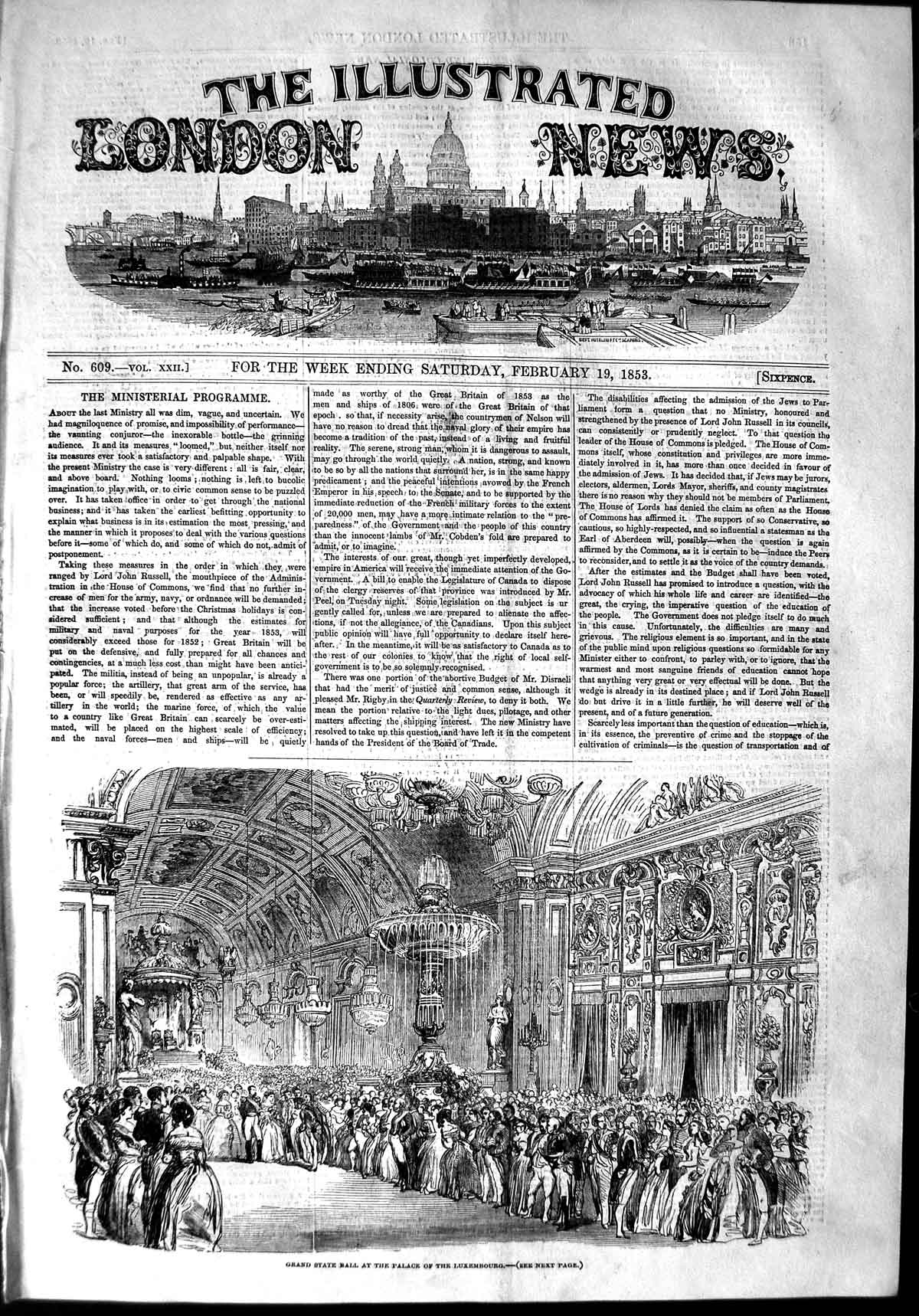 Original Old Antique Print 1853 Grand State Ball Palace Luxembourg Architecture