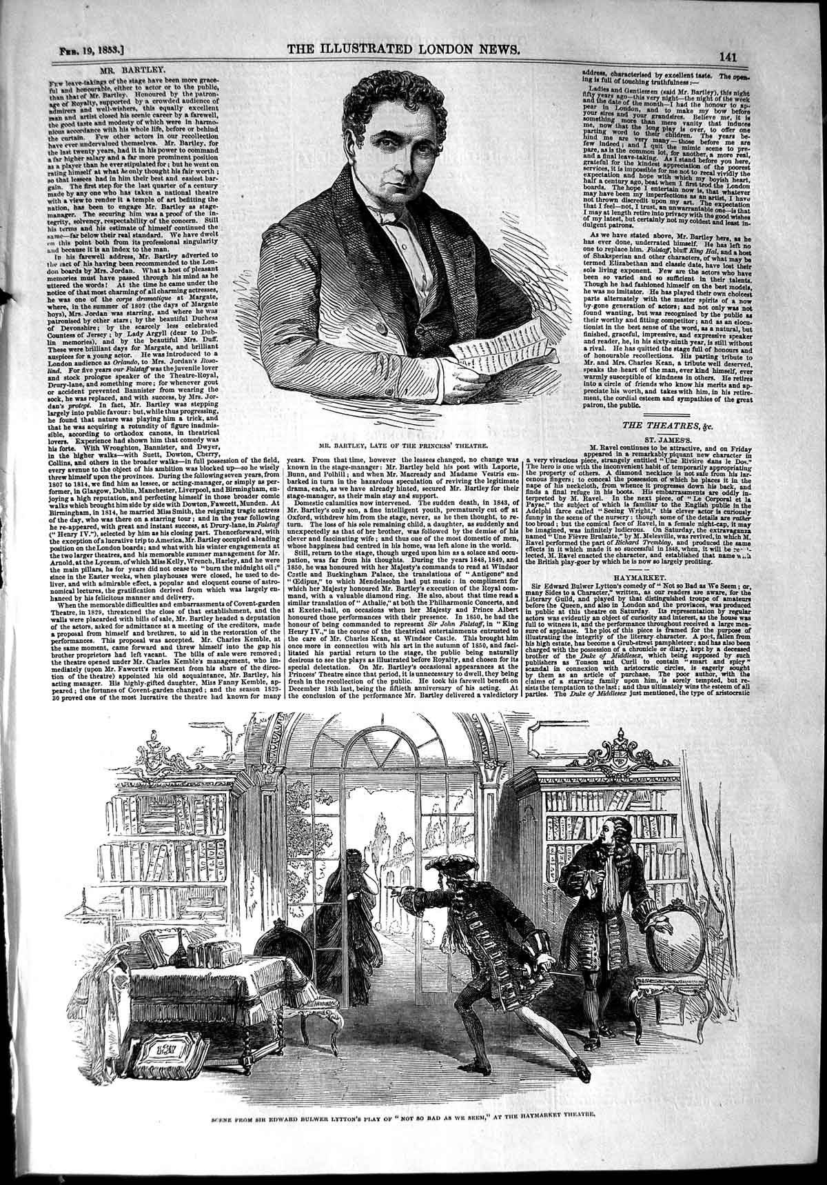 Old Antique Print 1853 Bartley Princess Theatre Edward Lytton Haymarket 19th