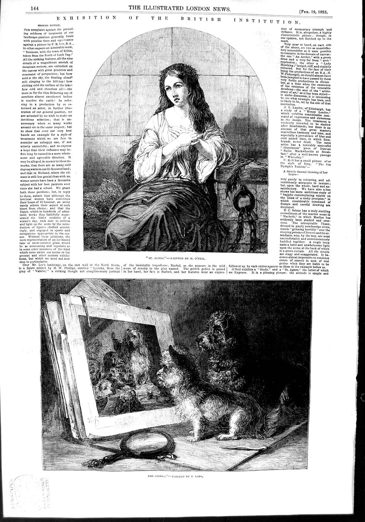 Old Antique Print 1853 Portrait St. Agnes Lady Puppy Dogs Painting Earl 19th