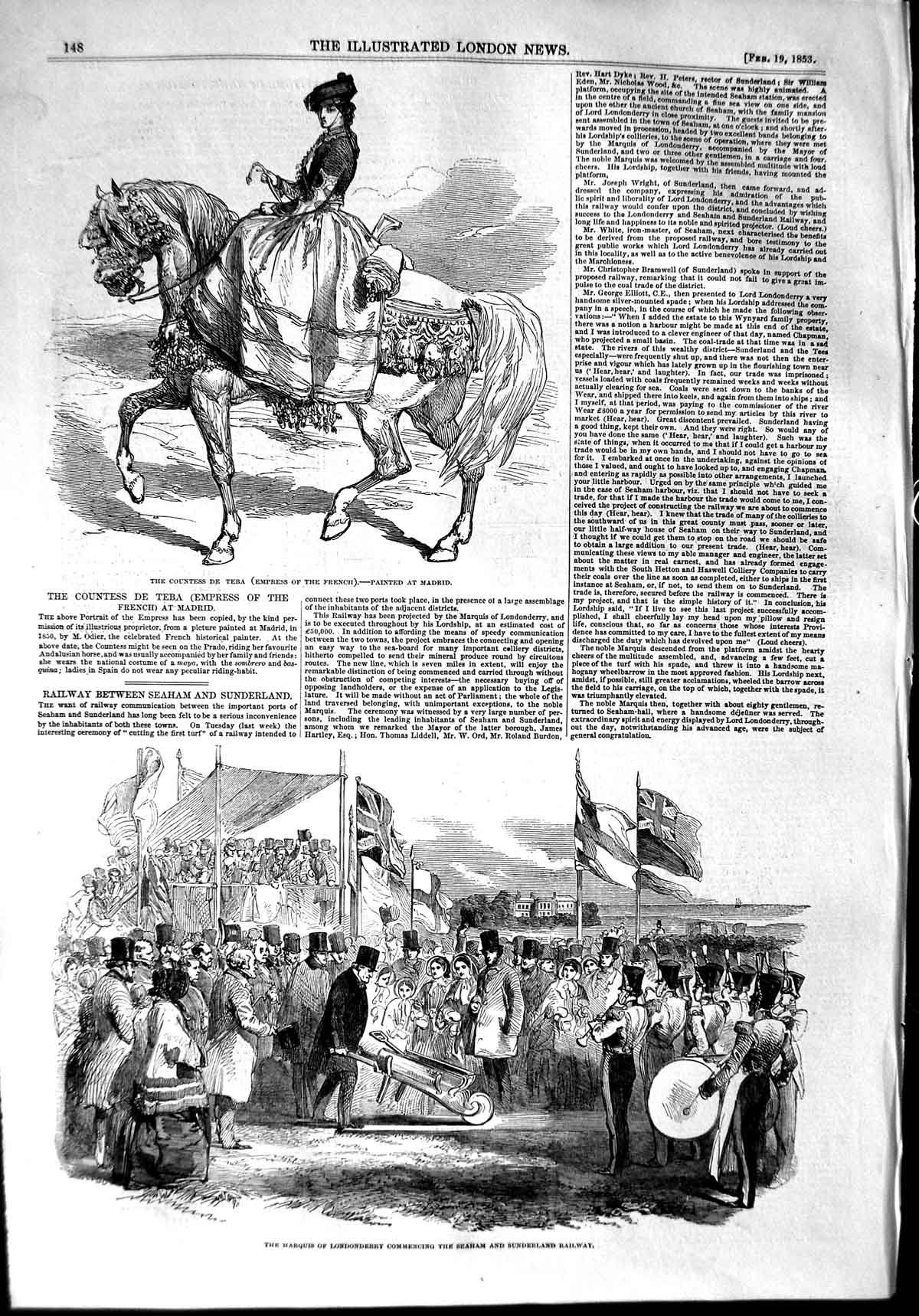 Old Antique Print 1853 Countess Teba Marquis Londonderry Railway Seaham 19th