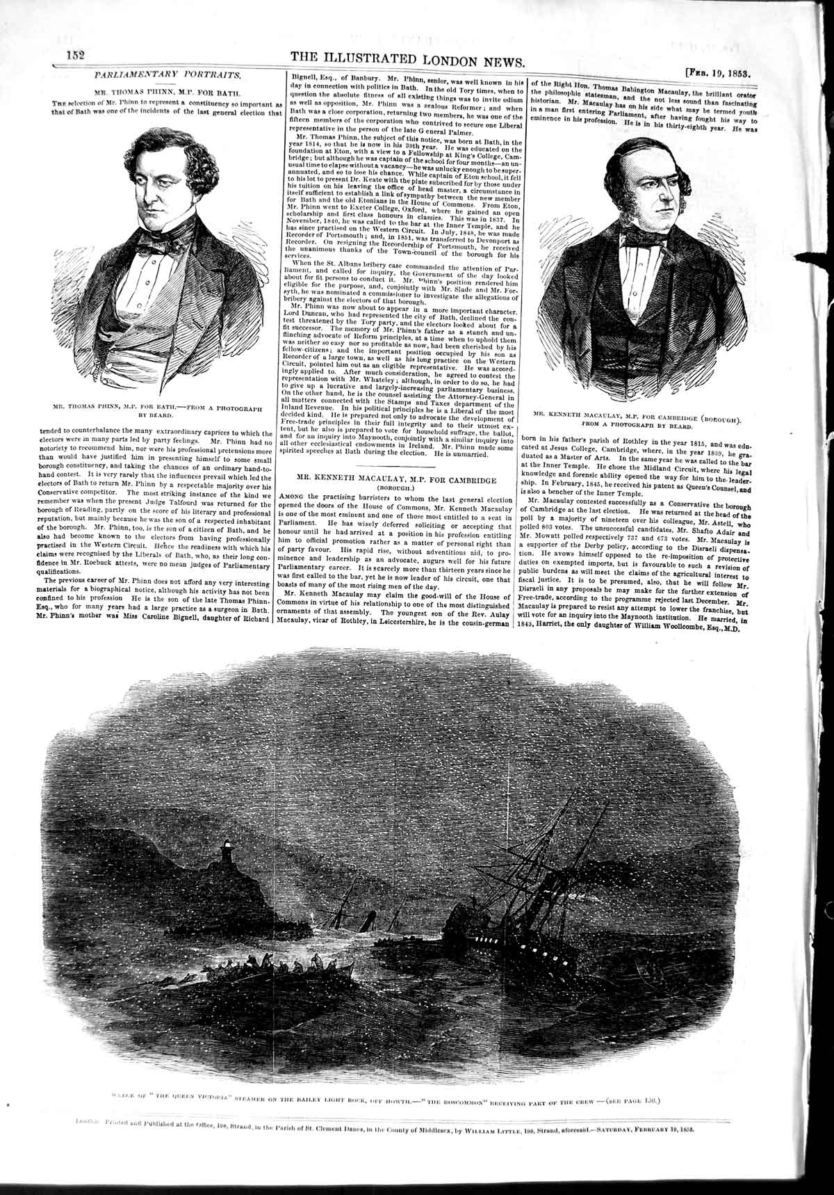 Old Antique Print 1853 Ship Wreck Queen Victoria Bailey Rock Howth Phinn 19th