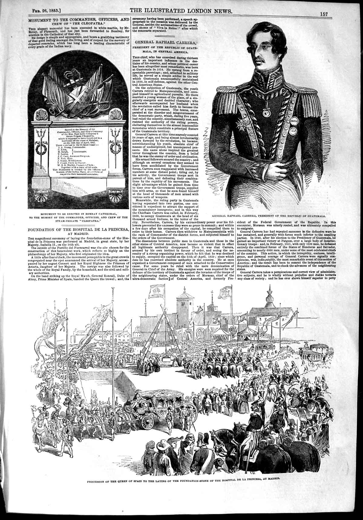 Original Old Antique Print 1853 General Carrera Guatemala Queen Spain H 19th
