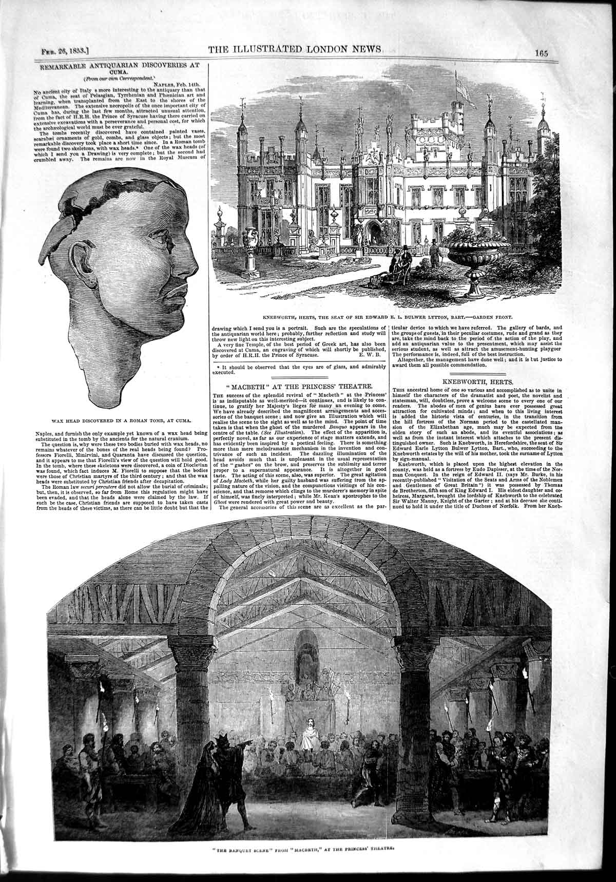 Old Antique Print 1853 Macbeth Princess Theatre Knebworth Wax Tomb Cuma 19th