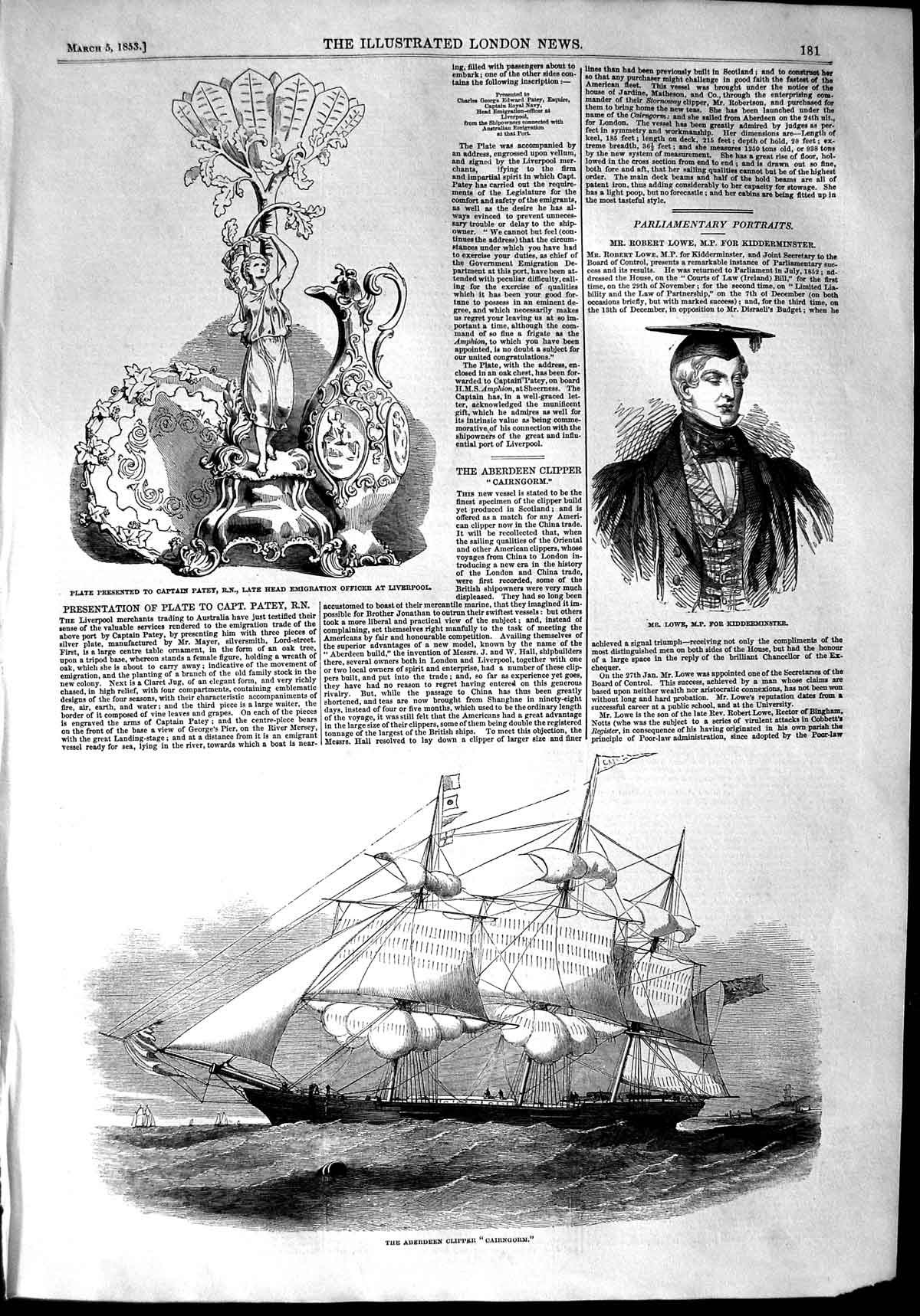 Old Antique Print 1853 Lowe Captain Patey Aberdeen Clipper Ship Cairngorm 19th