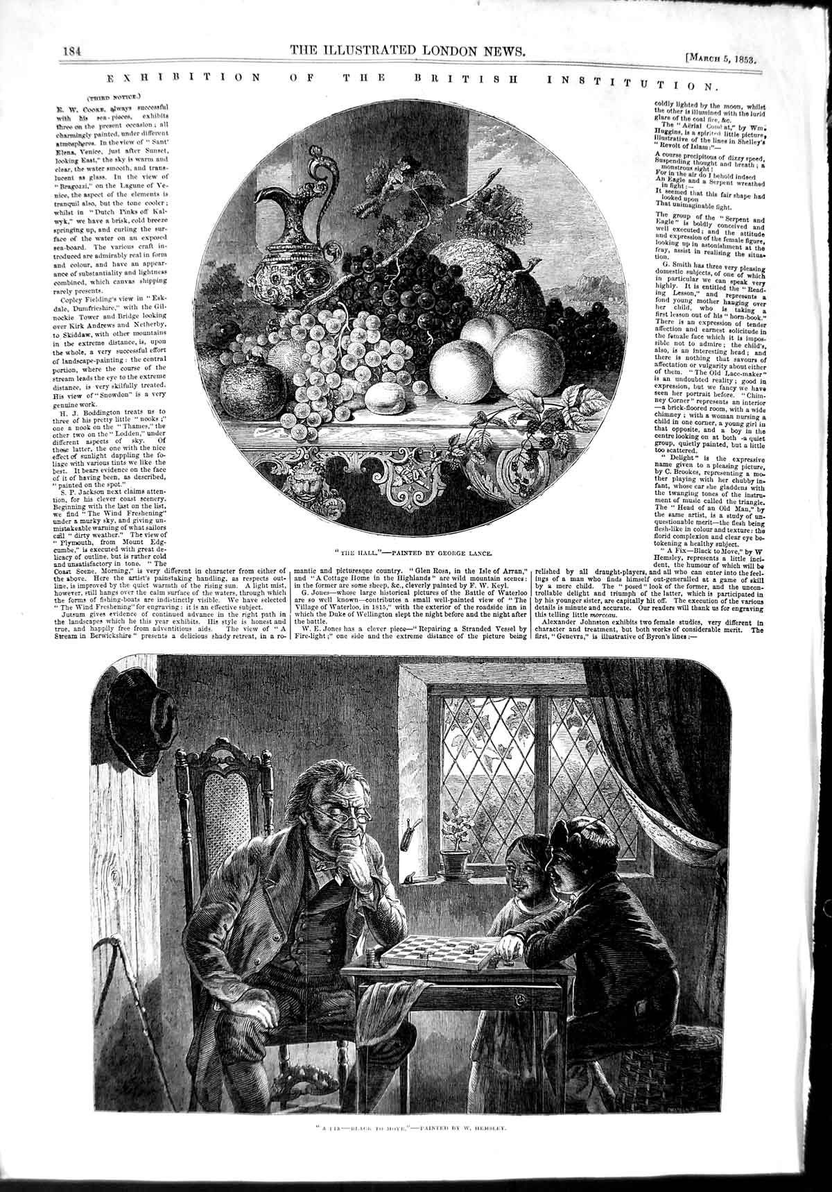 Original Old Antique Print 1853 George Hall Art Fruit Man Playing Chess 19th