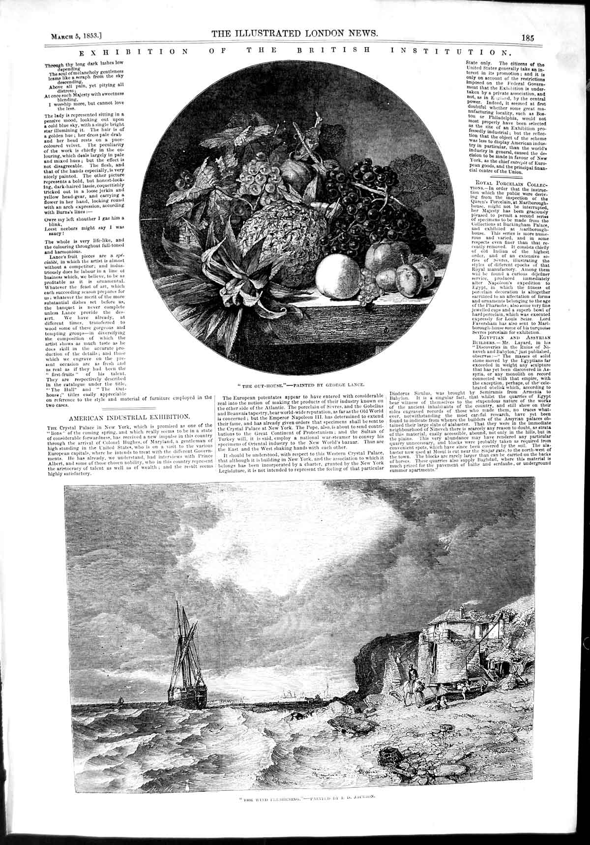 Old Antique Print 1853 Fine Art George Lance Fruit Jackson Sea Ship Beach 19th