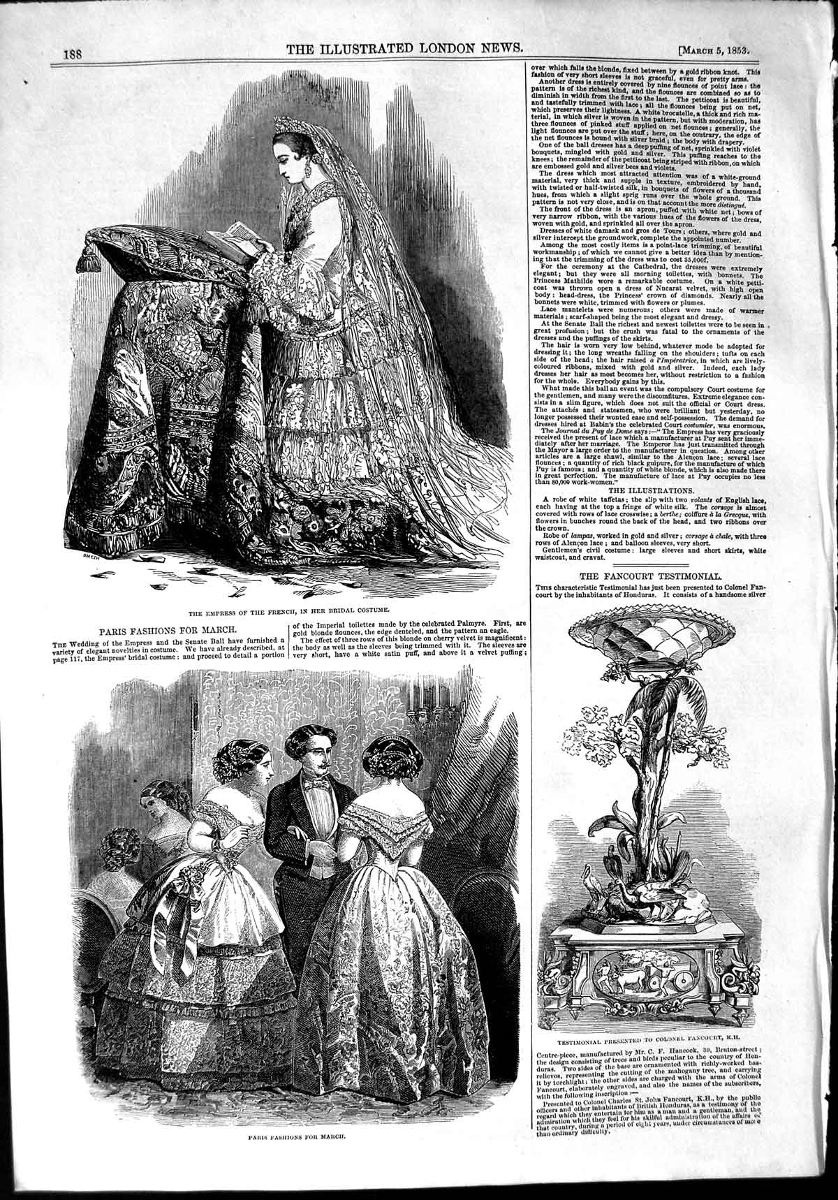 Original Old Antique Print 1853 Empress French Bridal Costume Colonel Fancourt