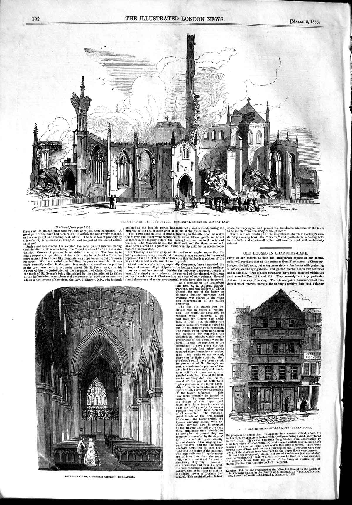 Original Old Antique Print 1853 George'S Church Doncaster Houses Chancery Lane