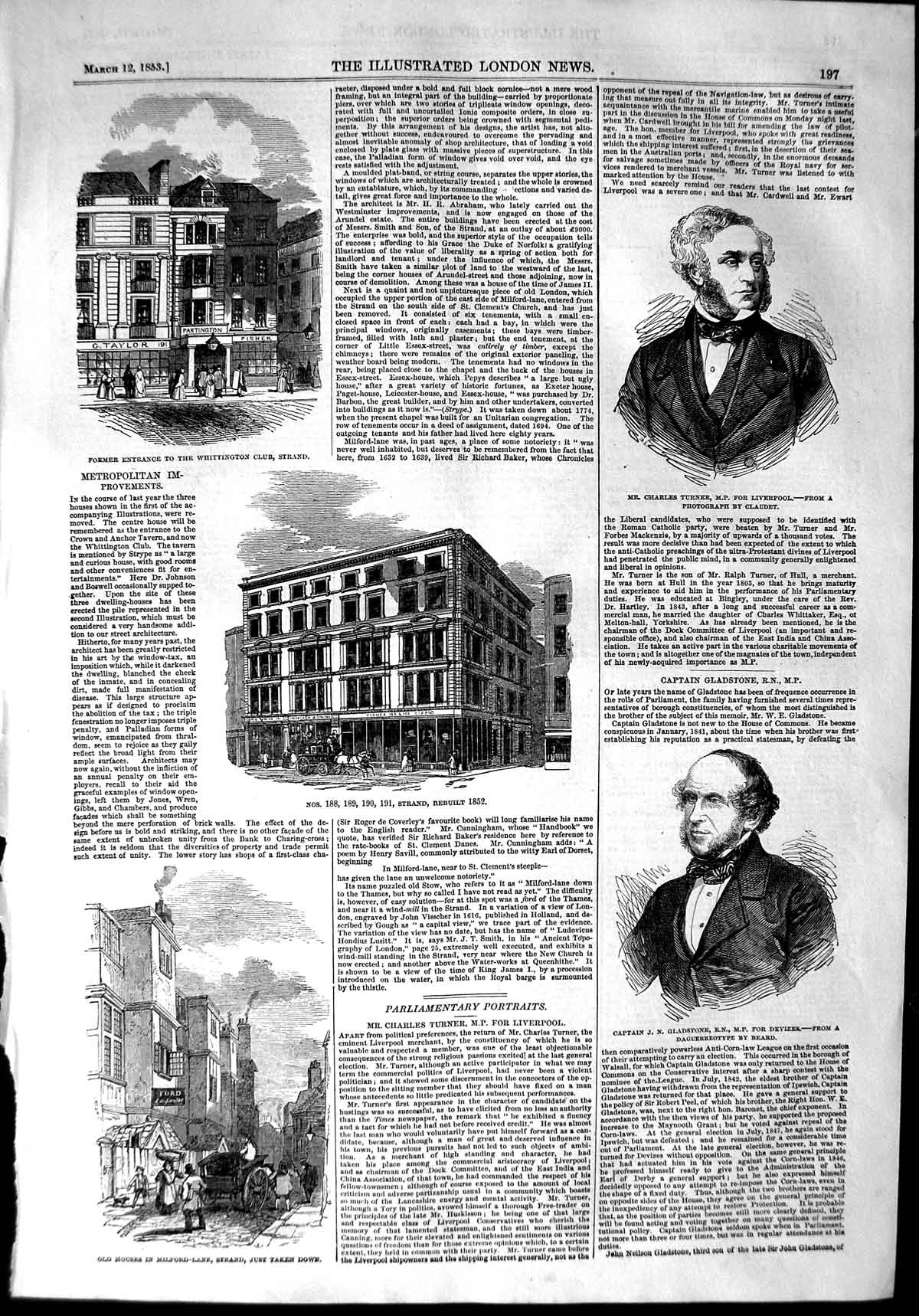Old Antique Print 1853 Turner Gladstone Whittington Strand Milford Lane 19th