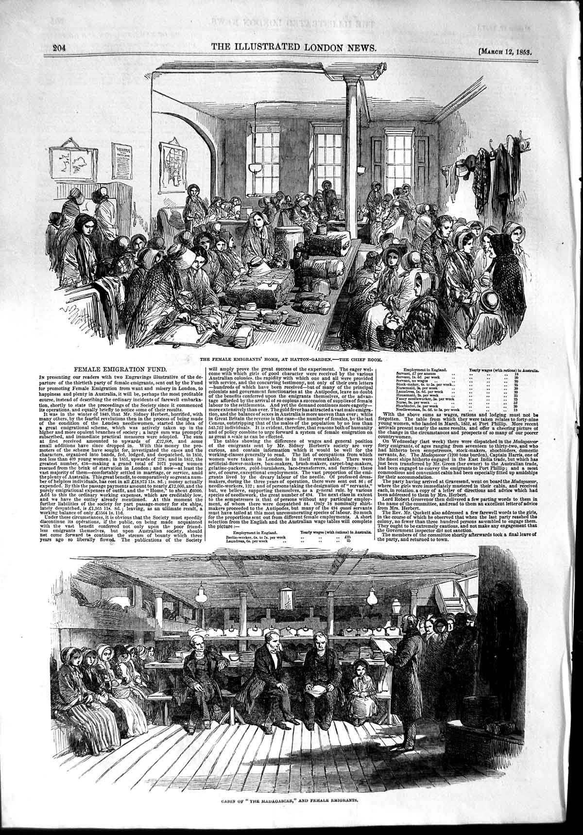 Original Old Antique Print 1853 Female Emigrants Hatton Garden Madagasc 19th
