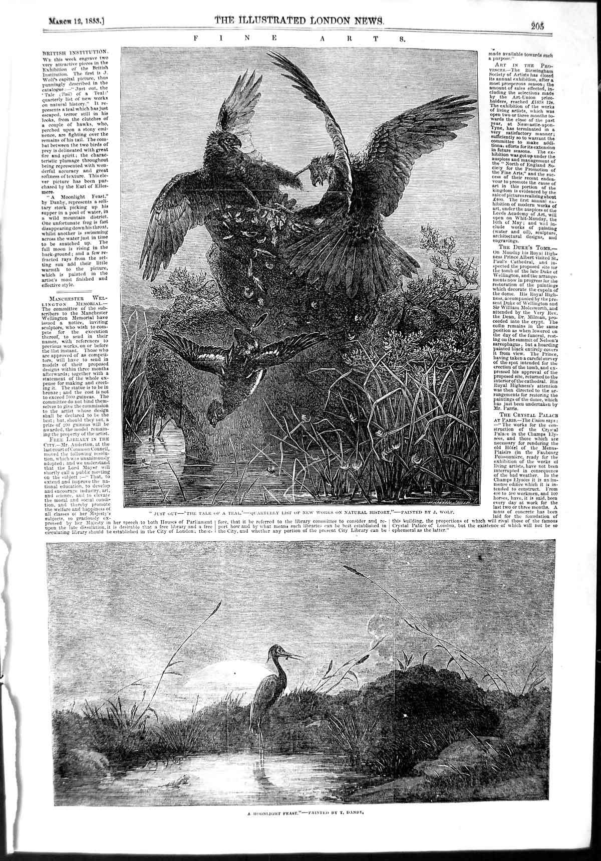 Old Antique Print 1853 Moonlight Scene Bird Fishing Battle Food Fine Art 19th