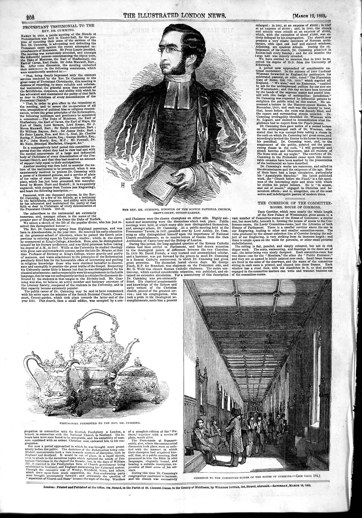 Original Old Antique Print 1853 Rev. Cumming Scotch National Church House 19th