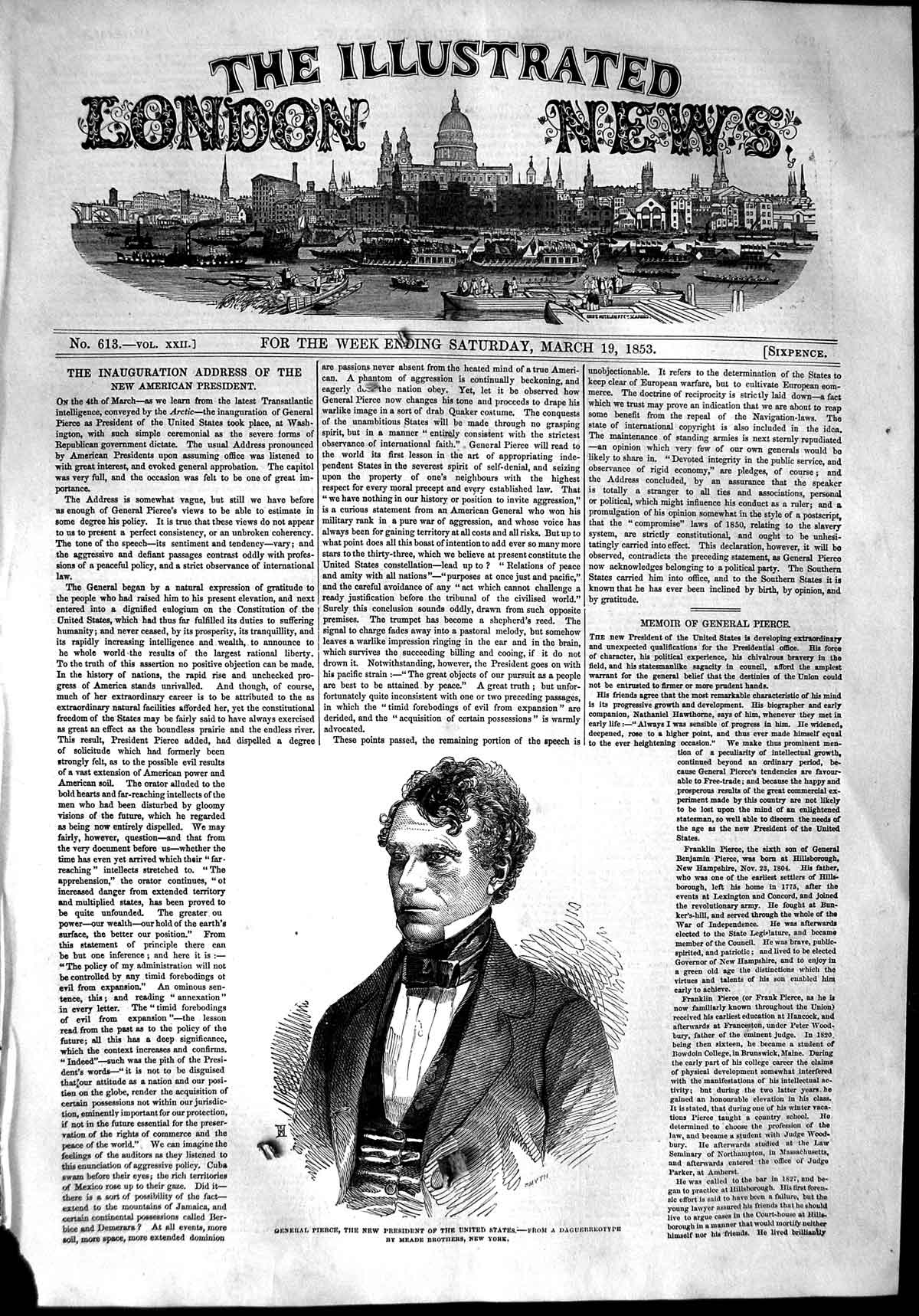 Original Old Antique Print 1853 General Pierce President United States America