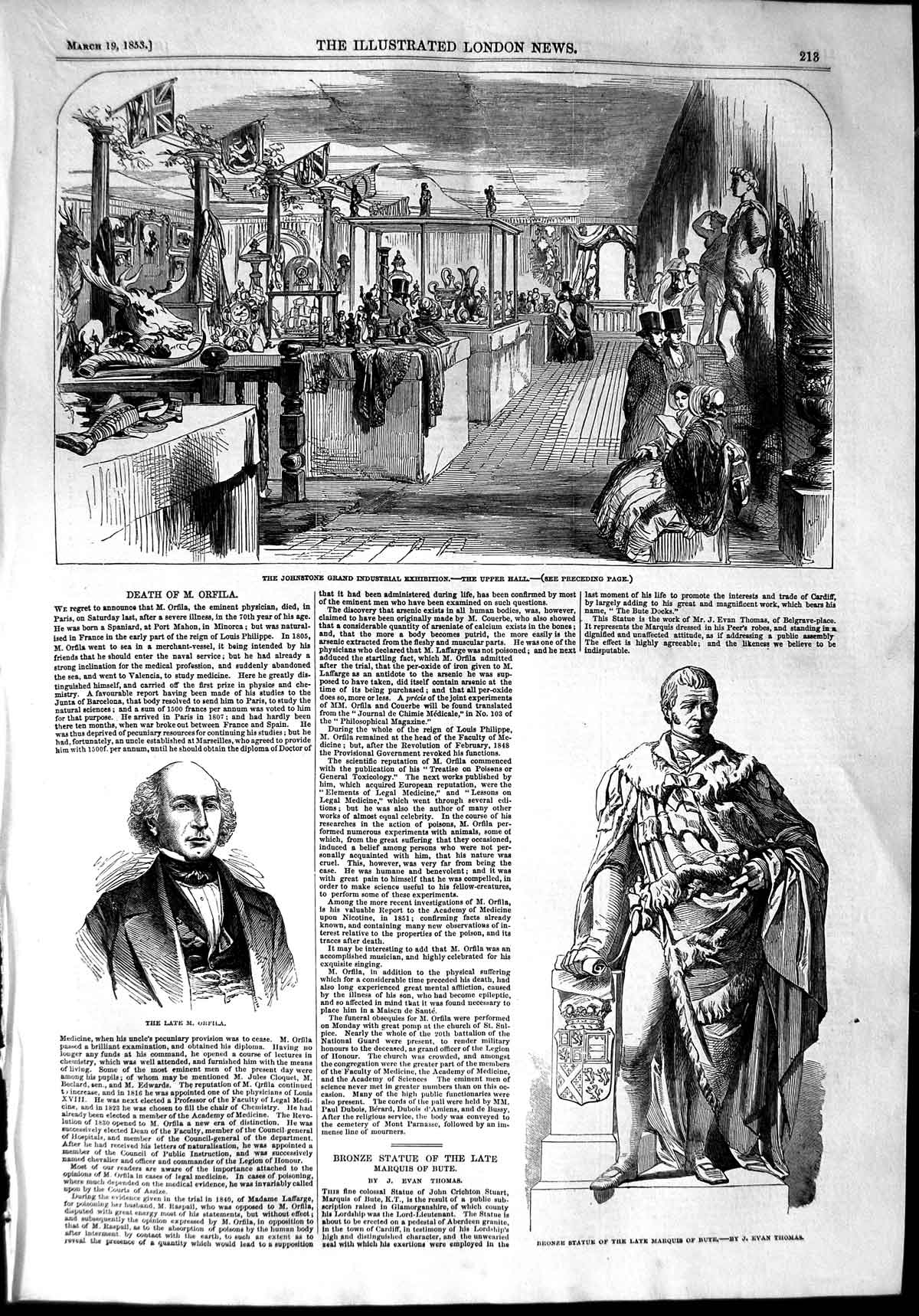 Original Old Antique Print 1853 Johnstone Industrial Exhibition Orfila Stat 19th